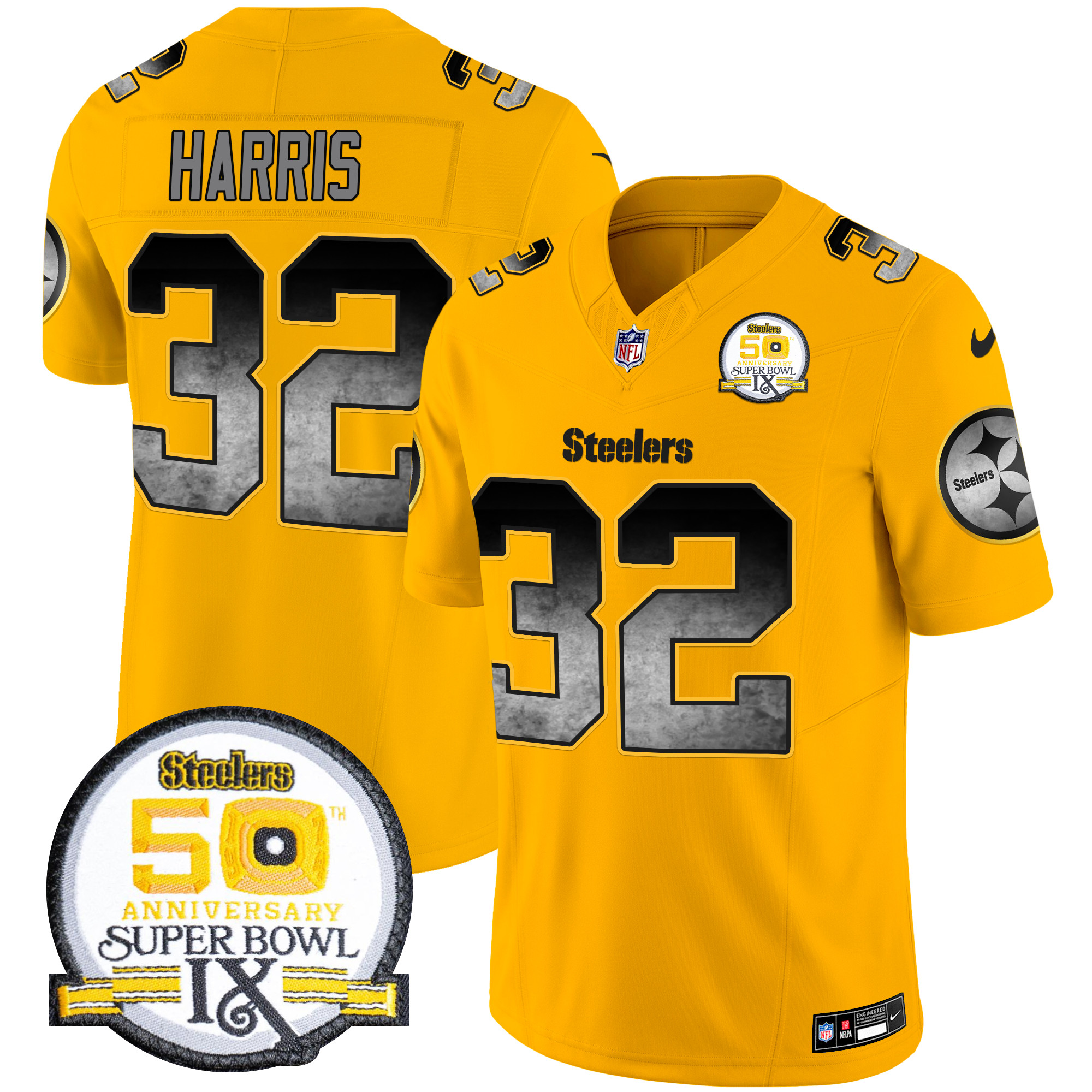 Franco Harris Men's Pittsburgh Steelers Arch Smoke 50th Anniversary Of Super Bowl IX Patch Vapor Limited Gold Jersey - All Stitched
