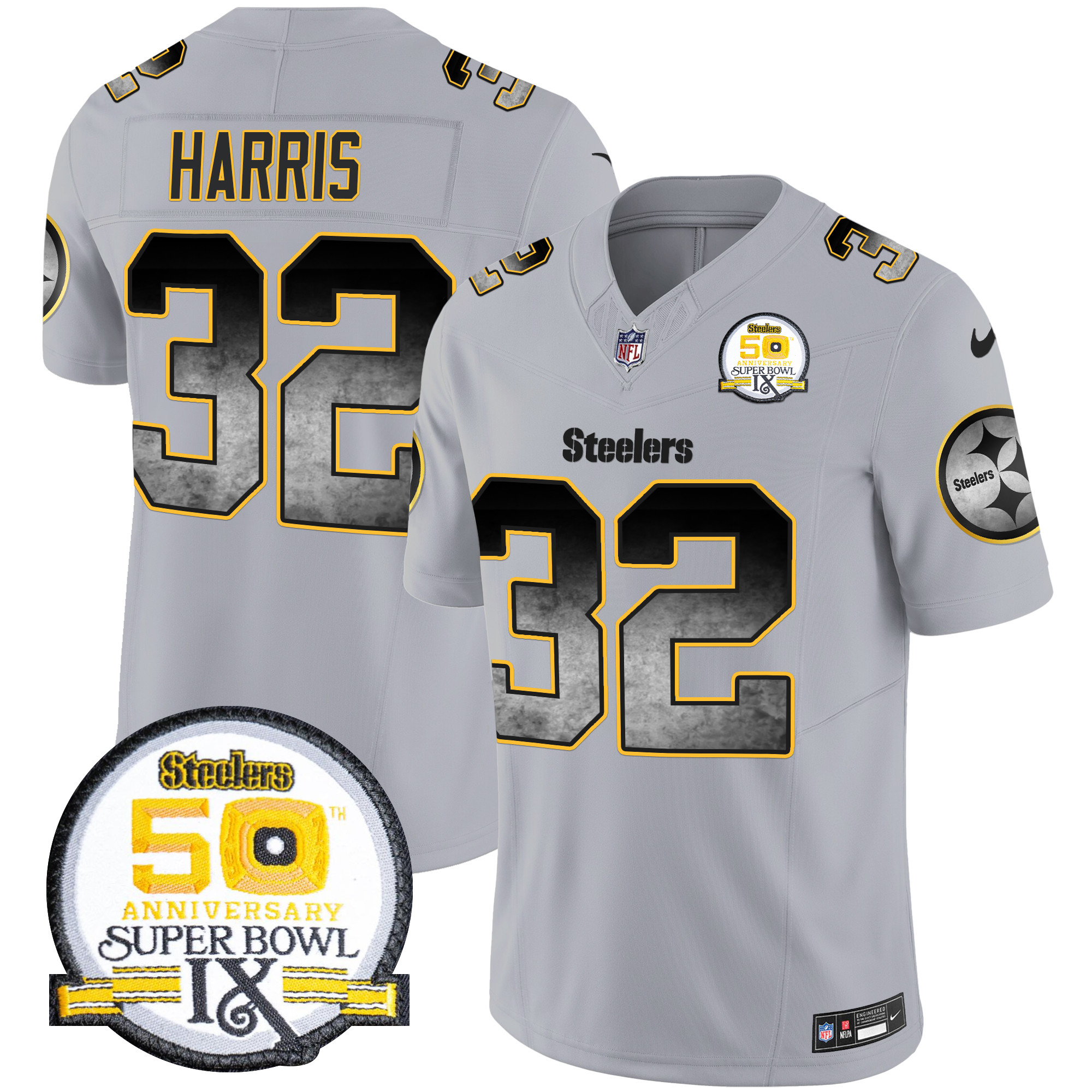 Franco Harris Men's Pittsburgh Steelers Arch Smoke 50th Anniversary Of Super Bowl IX Patch Vapor Limited Gray Jersey - All Stitched