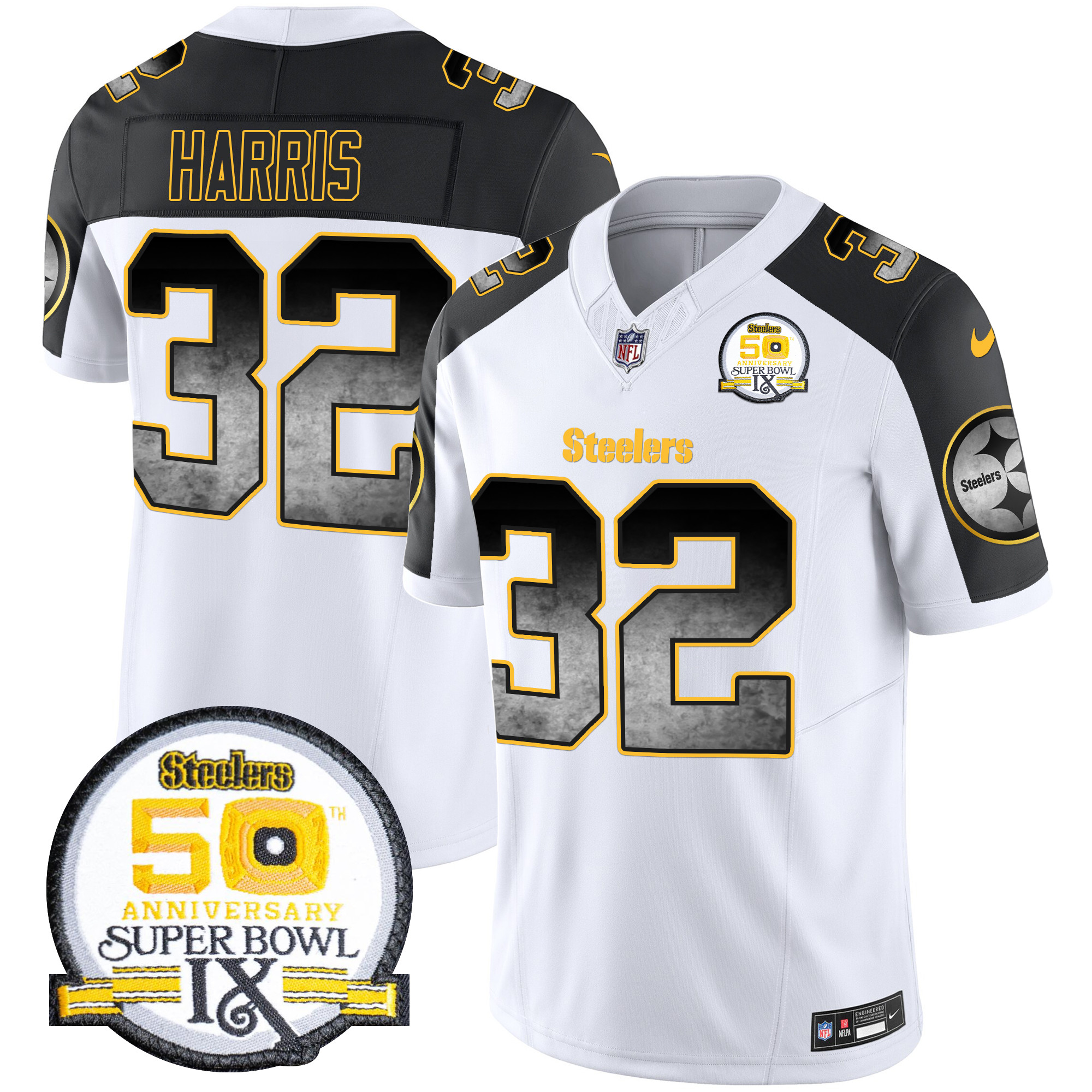 Franco Harris Men's Pittsburgh Steelers Arch Smoke 50th Anniversary Of Super Bowl IX Patch Vapor Limited Inverted Jersey - All Stitched