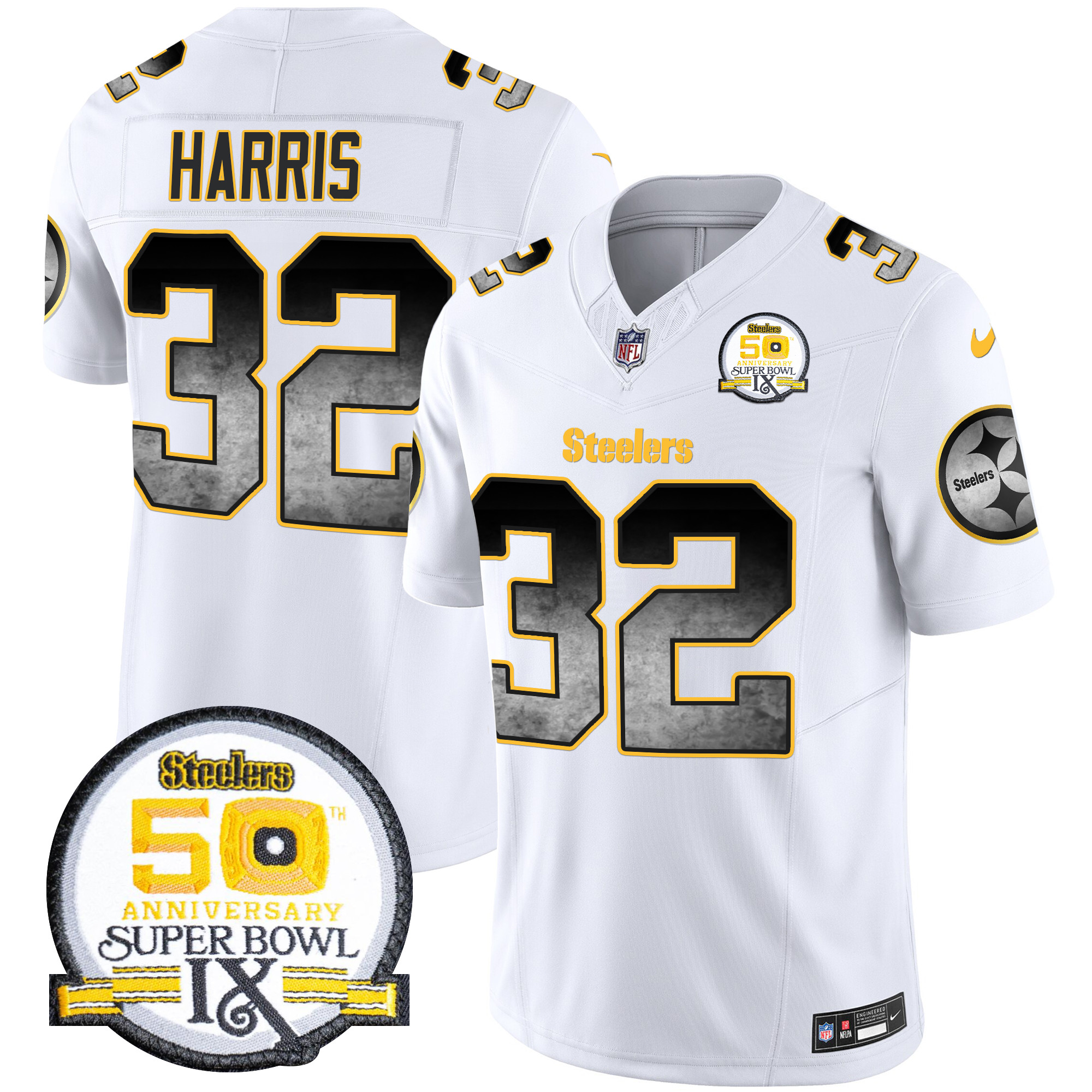 Franco Harris Men's Pittsburgh Steelers Arch Smoke 50th Anniversary Of Super Bowl IX Patch Vapor Limited White Jersey - All Stitched