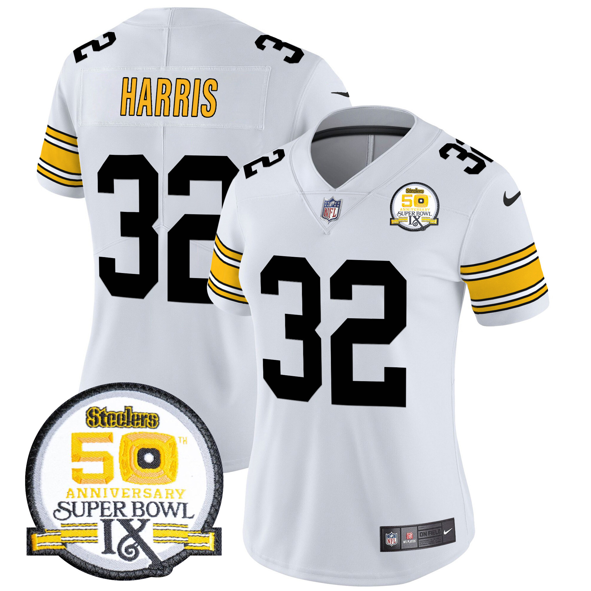 Franco Harris Women's Pittsburgh Steelers 50th Anniversary Of Super Bowl IX Patch Vapor Limited 1975 White Jersey - All Stitched
