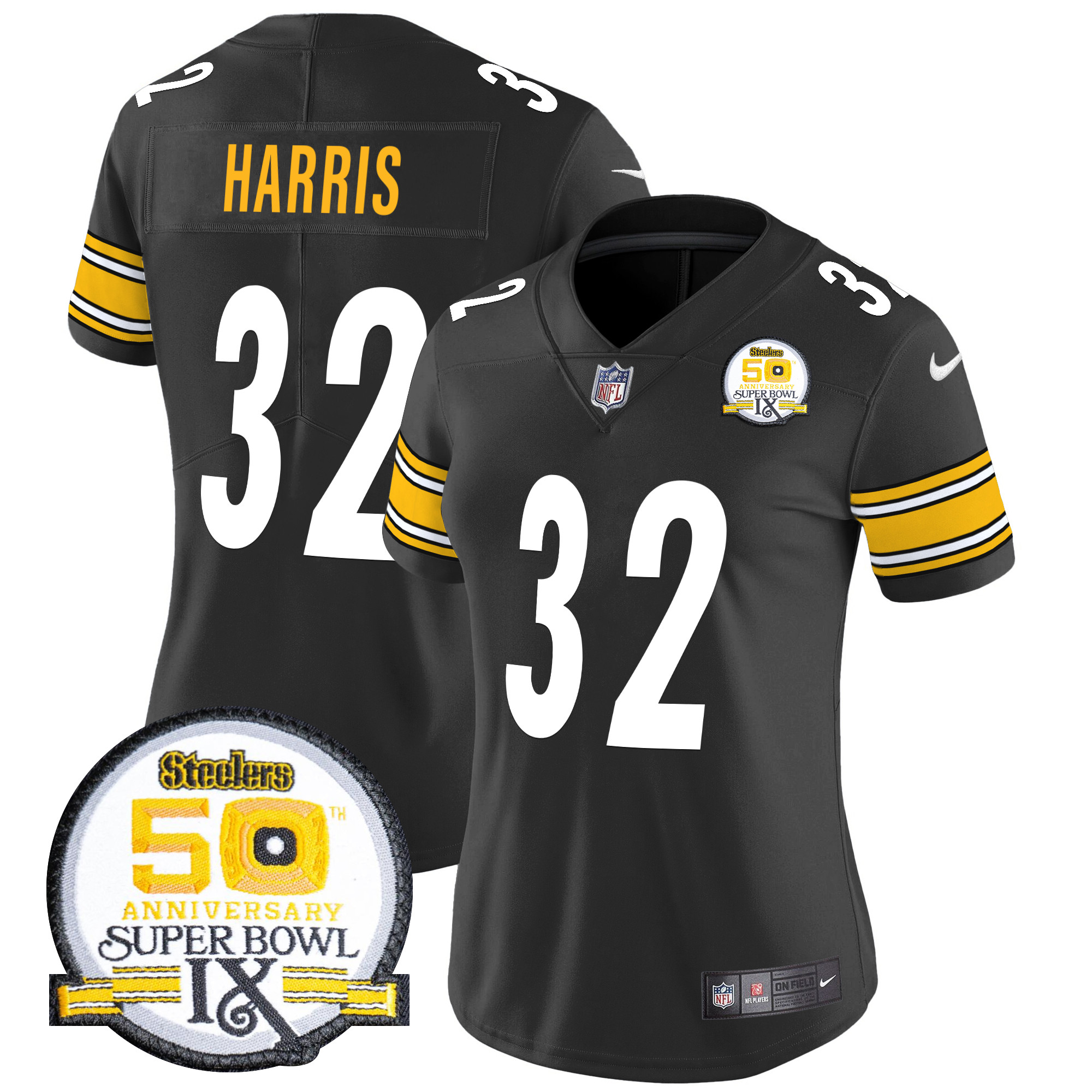 Franco Harris Women's Pittsburgh Steelers 50th Anniversary Of Super Bowl IX Patch Vapor Limited Black Jersey - All Stitched