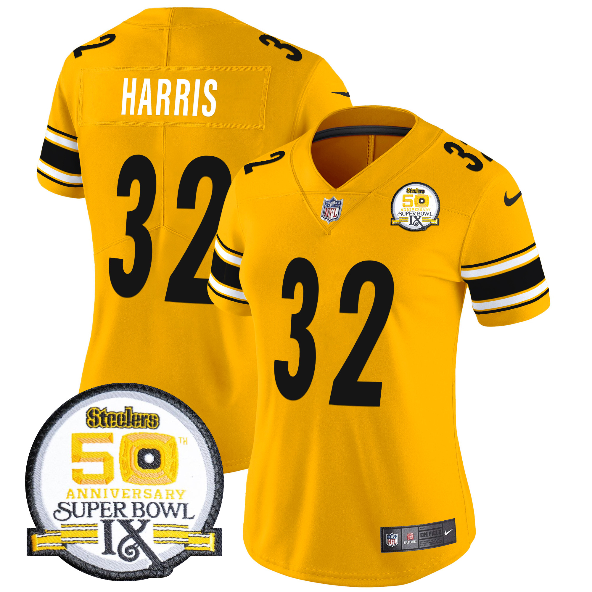 Franco Harris Women's Pittsburgh Steelers 50th Anniversary Of Super Bowl IX Patch Vapor Limited Gold Jersey - All Stitched