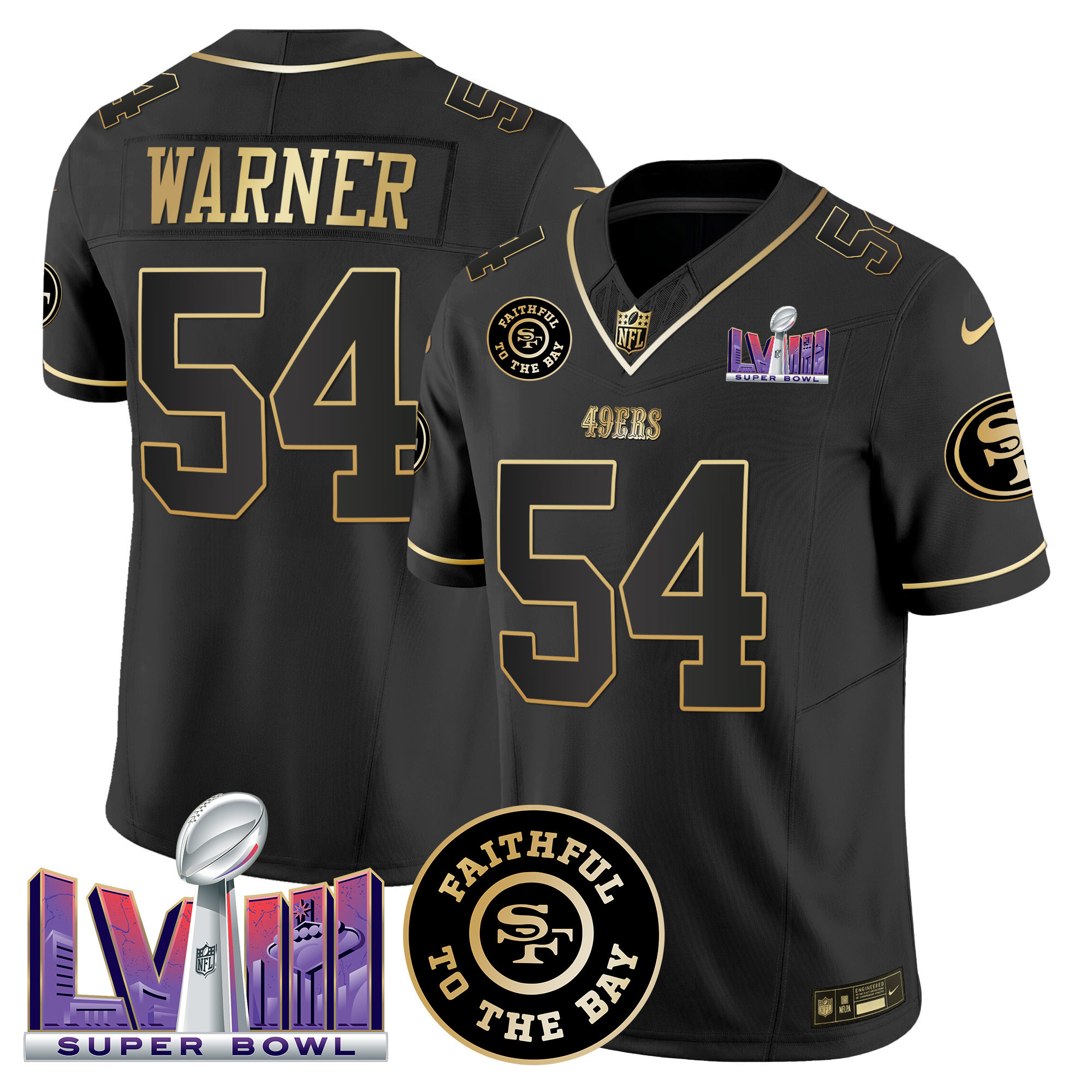 Fred Warner Men's San Francisco 49ers  Faithful & Super Bowl LVIII Patch Vapor Black Gold Jersey - All Stitched