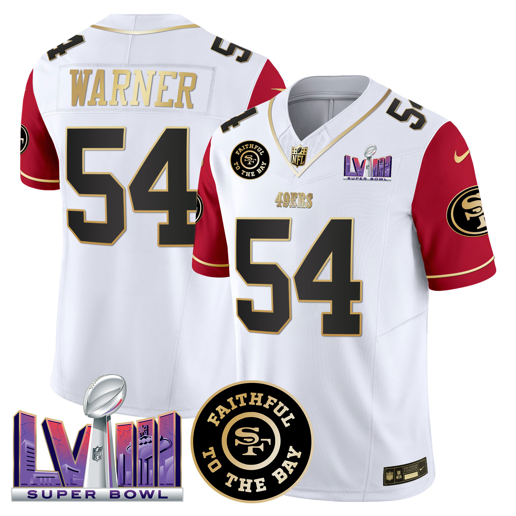 Fred Warner Men's San Francisco 49ers  Faithful & Super Bowl LVIII Patch Vapor Color Sleeves Jersey - All Stitched