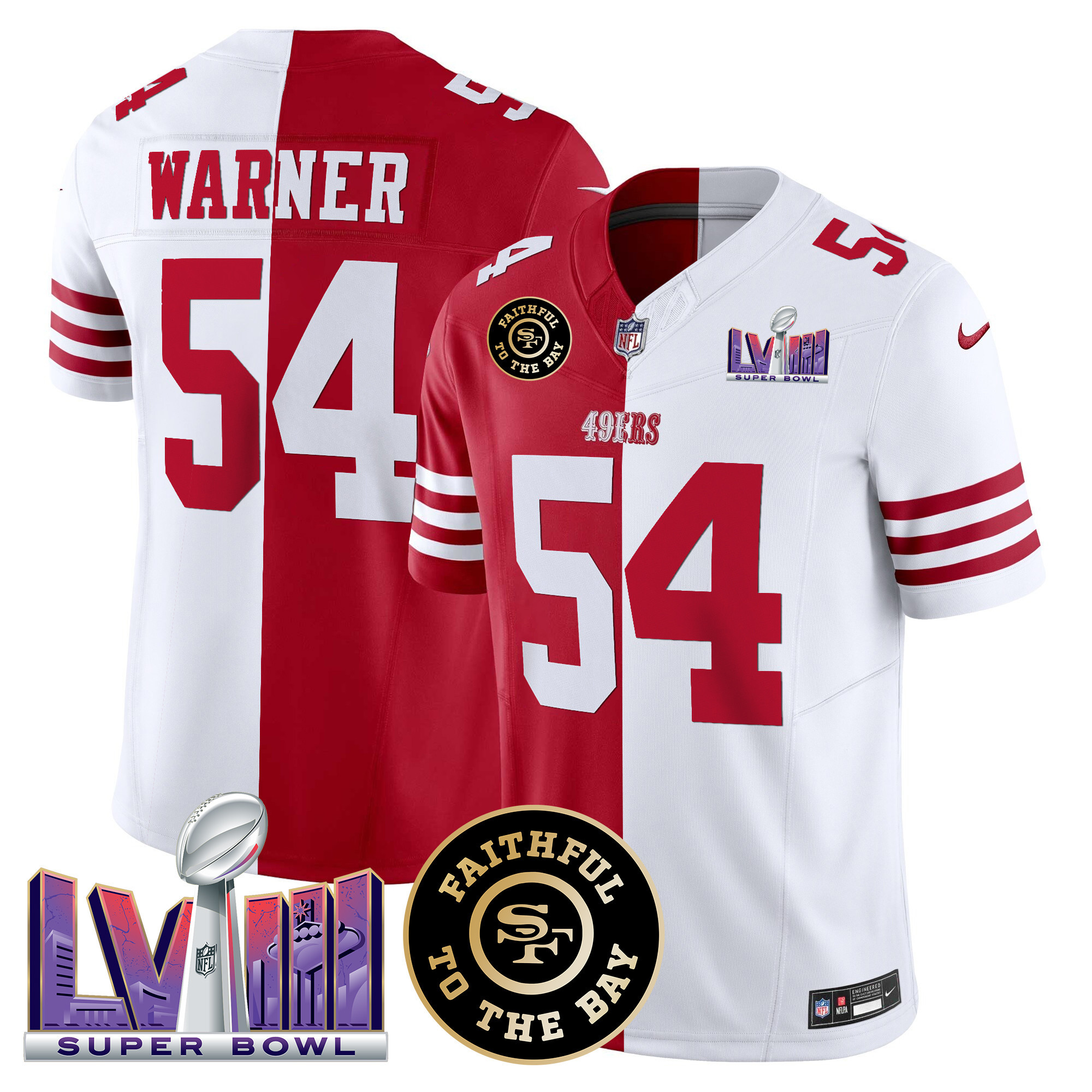 Fred Warner Men's San Francisco 49ers  Faithful & Super Bowl LVIII Patch Vapor Split Jersey - All Stitched