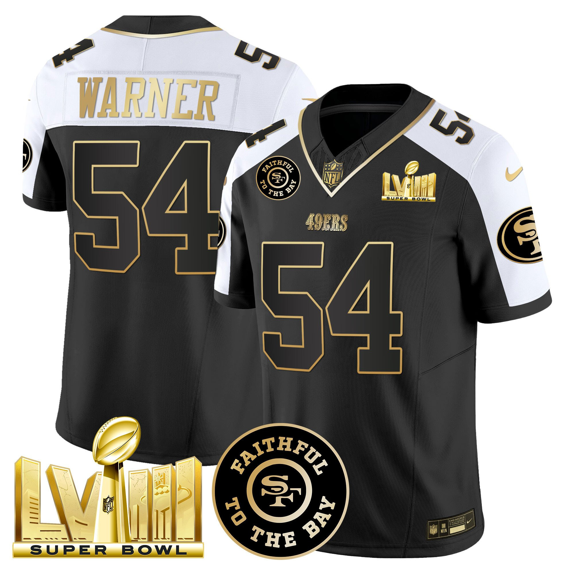 Fred Warner San Francisco 49ers Faithful & Super Bowl LVIII Gold Patch Vapor Black/White Jersey - All Stitched