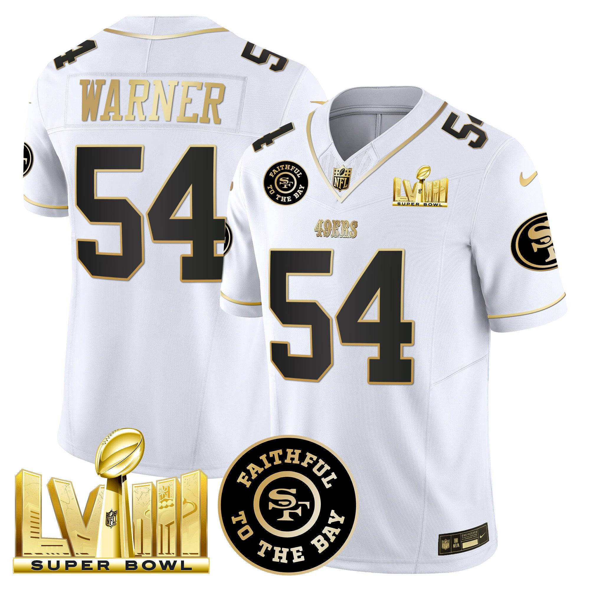 Fred Warner San Francisco 49ers Faithful & Super Bowl LVIII Gold Patch Vapor White Jersey - All Stitched