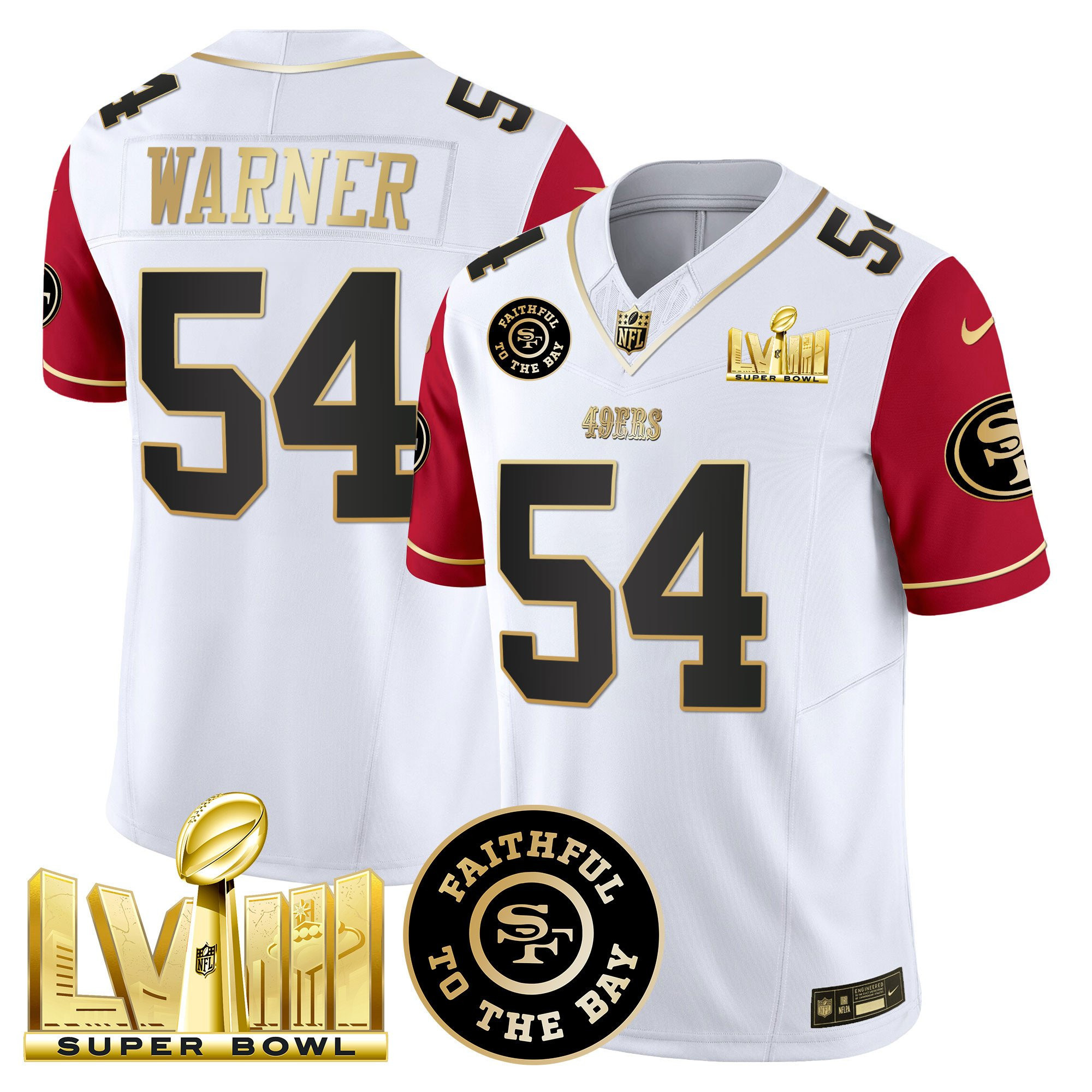 Fred Warner San Francisco 49ers Faithful & Super Bowl LVIII Gold Patch Vapor White/Red Jersey - All Stitched