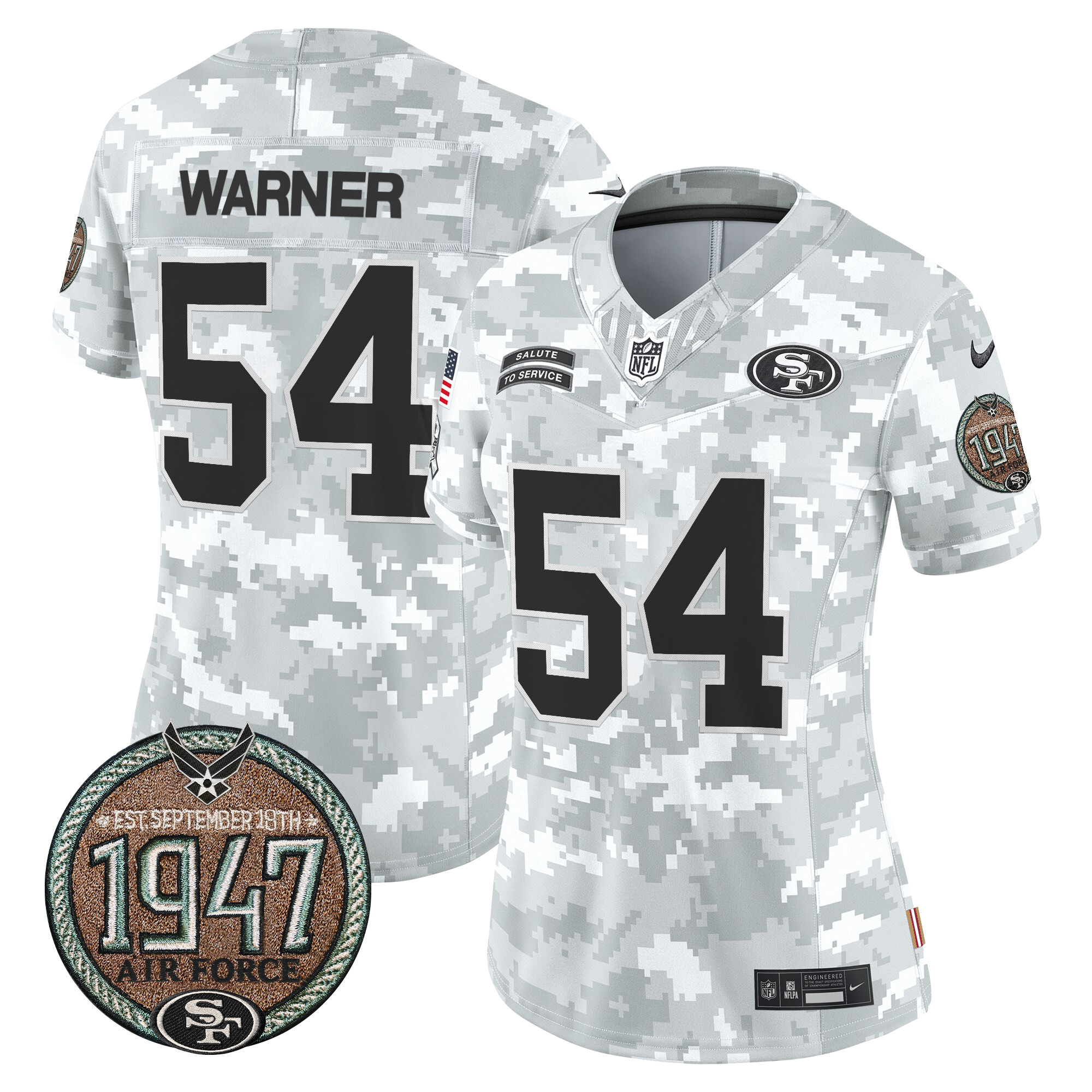 Fred Warner Women's San Francisco 49ers 2024 Salute to Service Establishment Year Patch Vapor Limited Air Force Jersey - All Stitched