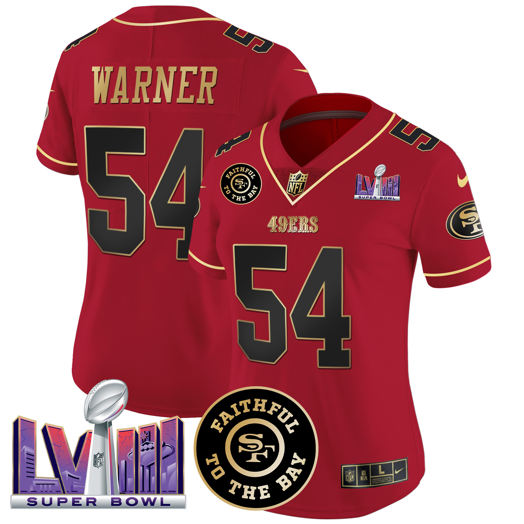 Fred Warner Women's San Francisco 49ers  Faithful & Super Bowl LVIII Patch Vapor Scarlet Limited Jersey - All Stitched