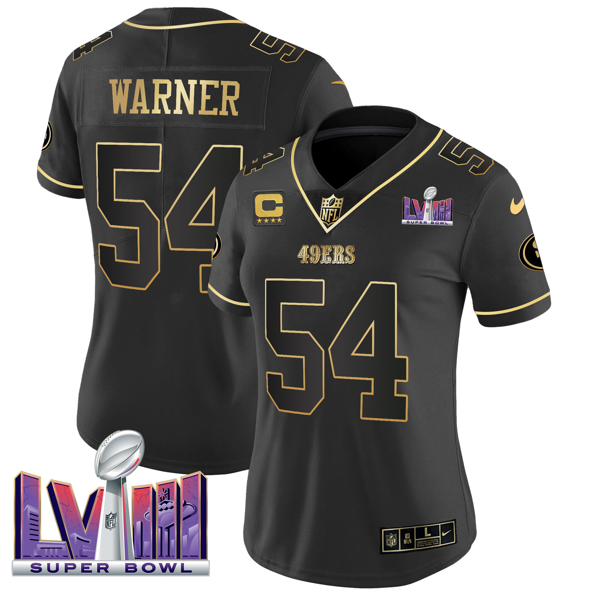 Fred Warner Women's San Francisco 49ers  Super Bowl LVIII Patch Vapor Black Gold Jersey - All Stitched