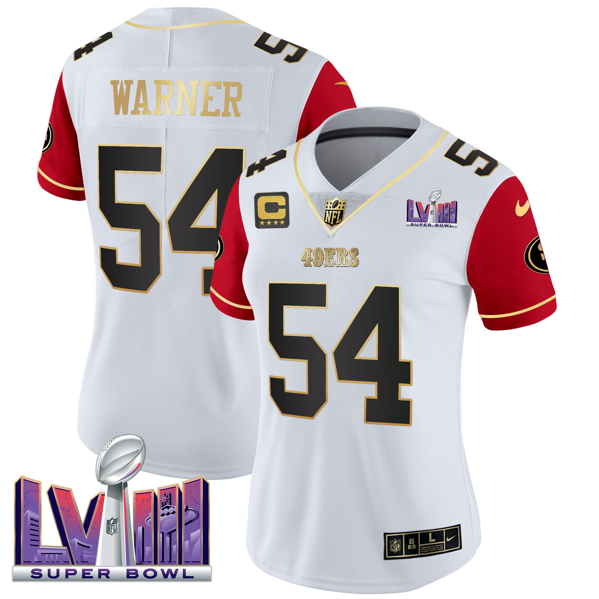 Fred Warner Women's San Francisco 49ers  Super Bowl LVIII Patch Vapor Color Sleeves Jersey - All Stitched