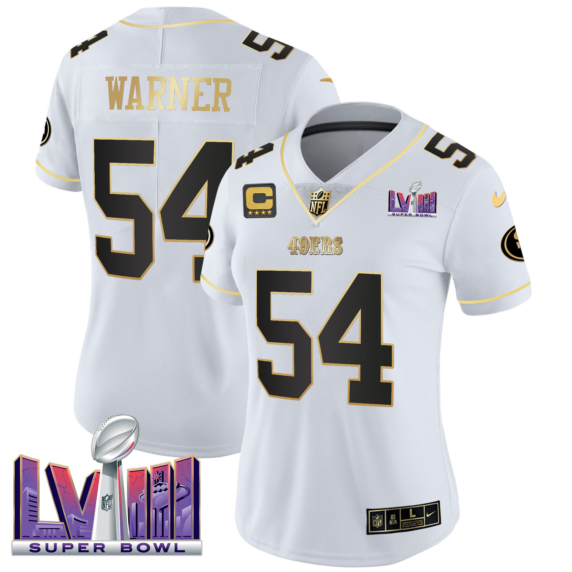 Fred Warner Women's San Francisco 49ers  Super Bowl LVIII Patch Vapor White Gold Jersey - All Stitched