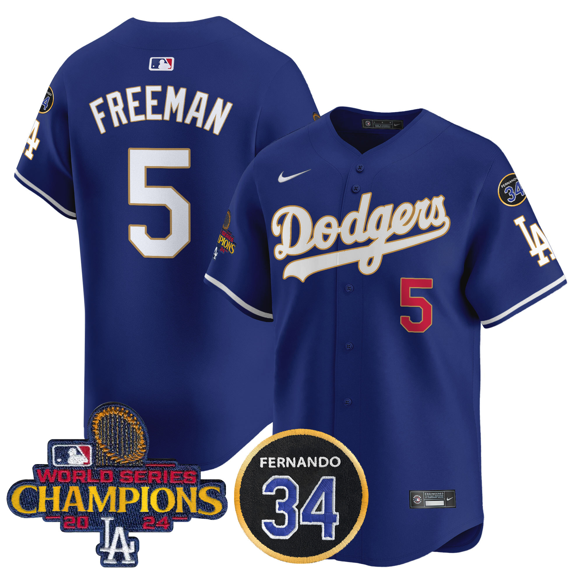 Freddie Freeman Men's Los Angeles Dodgers 2024 World Series Champions Gold Trim Vapor Premier Limited Royal Jersey V2 - All Stitched