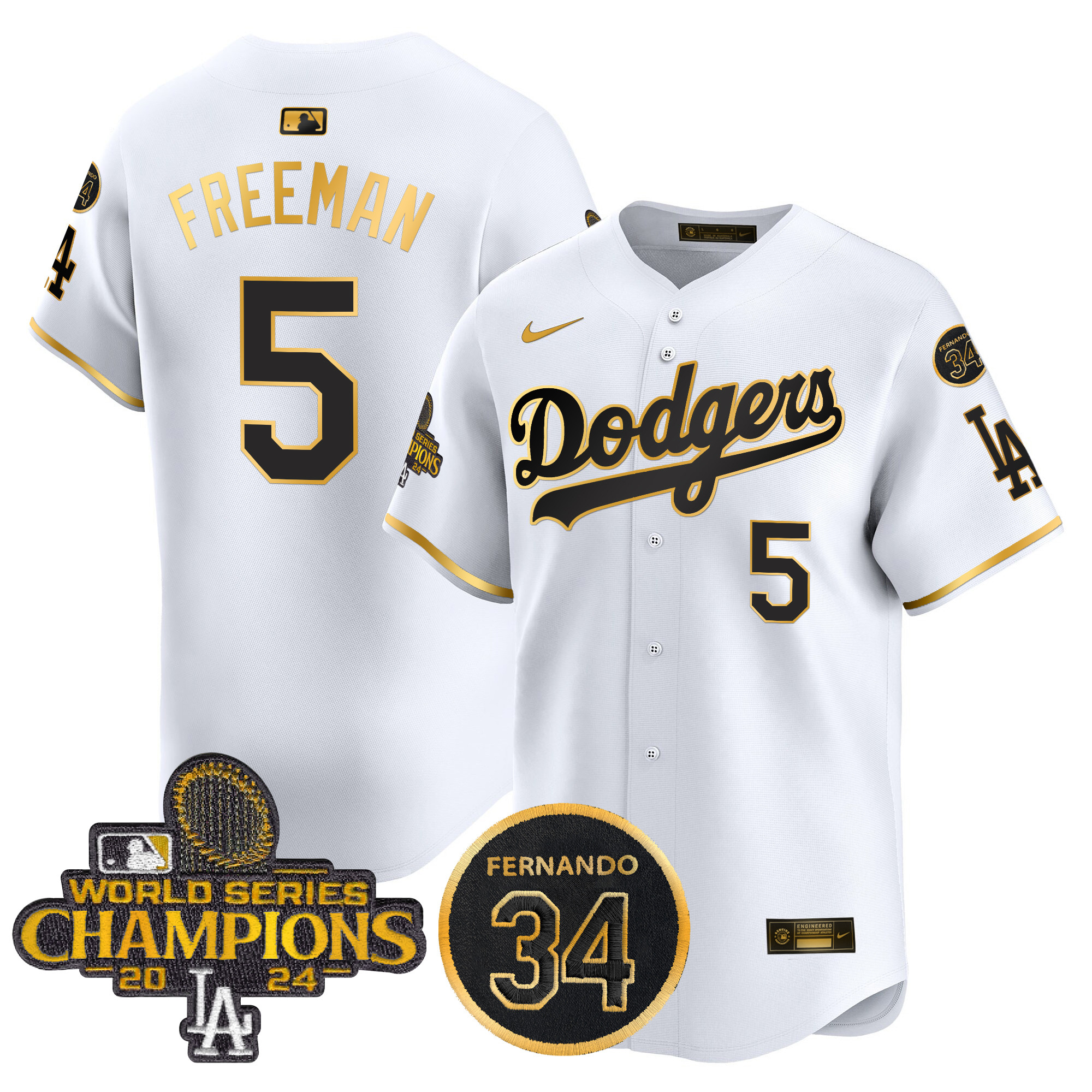 Freddie Freeman Men's Los Angeles Dodgers 2024 World Series Champions Gold Trim Vapor Premier Limited White Gold Jersey V2 - All Stitched
