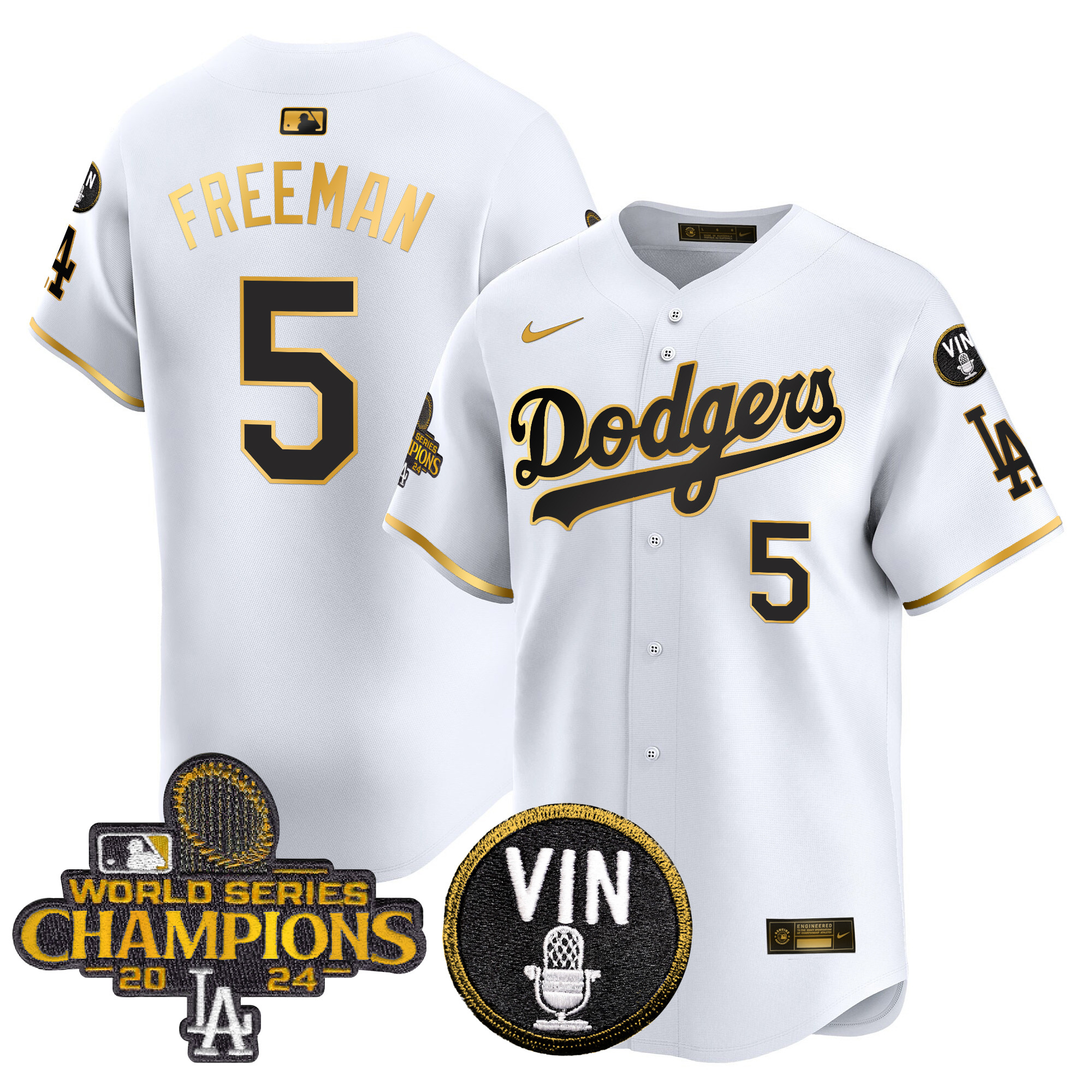 Freddie Freeman Men's Los Angeles Dodgers 2024 World Series Champions Patch Vapor Premier Limited White Gold Jersey V3 - All Stitched