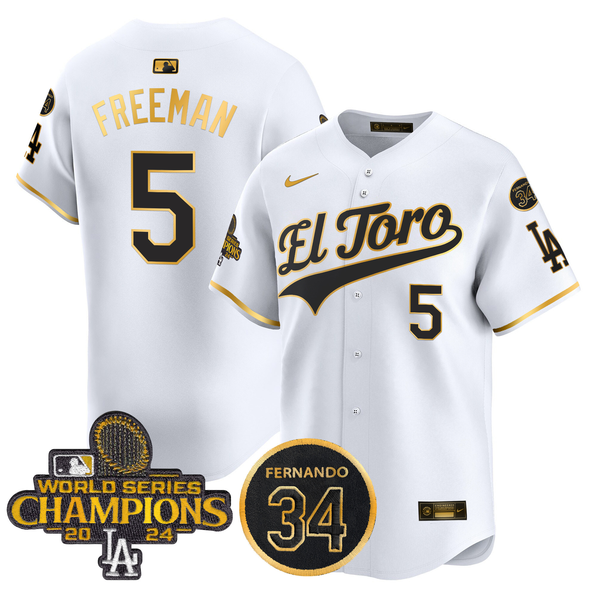 Freddie Freeman Men's Los Angeles Dodgers El Toro 2024 World Series Champions Patch Vapor Premier Limited White Gold Jersey - All Stitched
