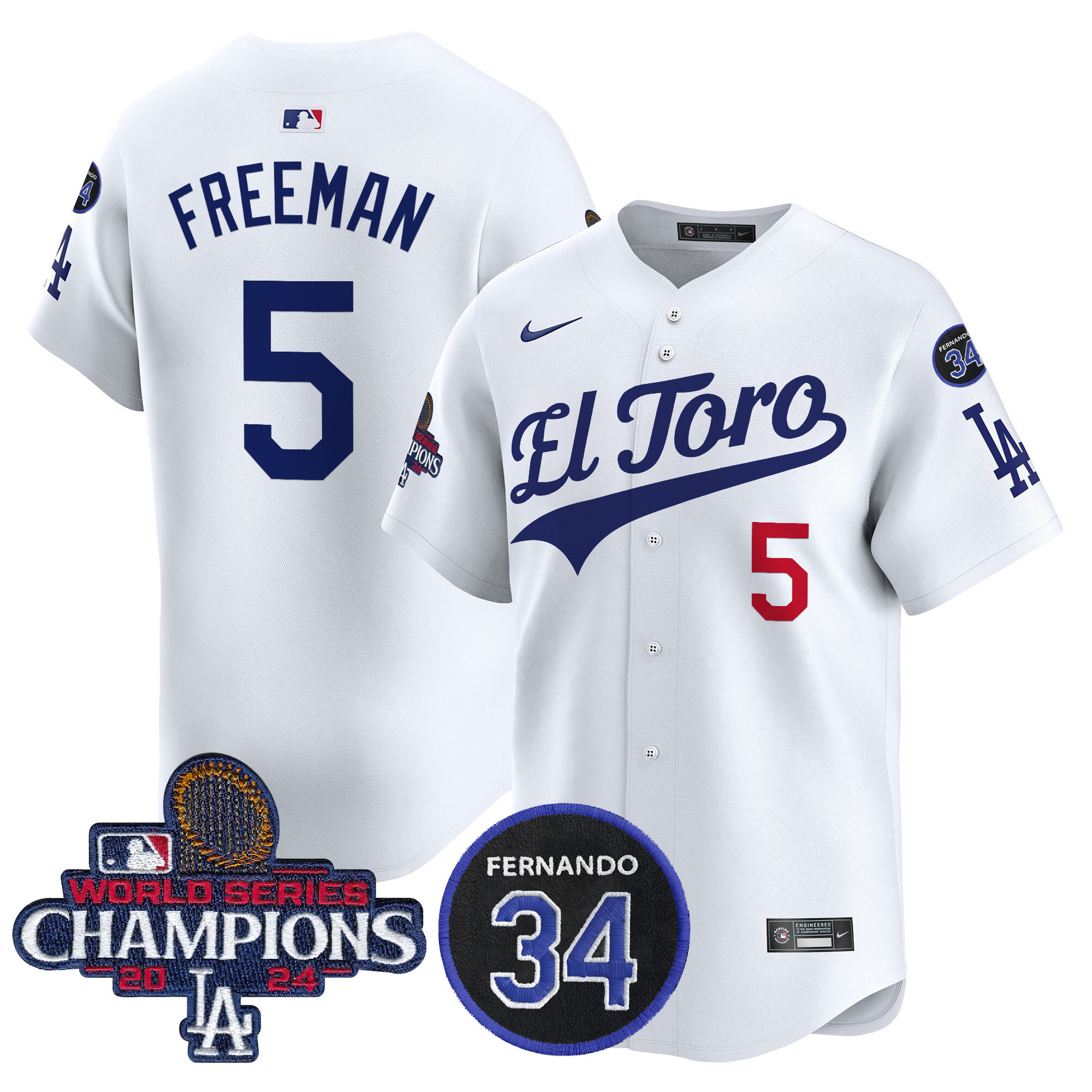 Freddie Freeman Men's Los Angeles Dodgers El Toro 2024 World Series Champions Patch Vapor Premier Limited White Jersey - All Stitched