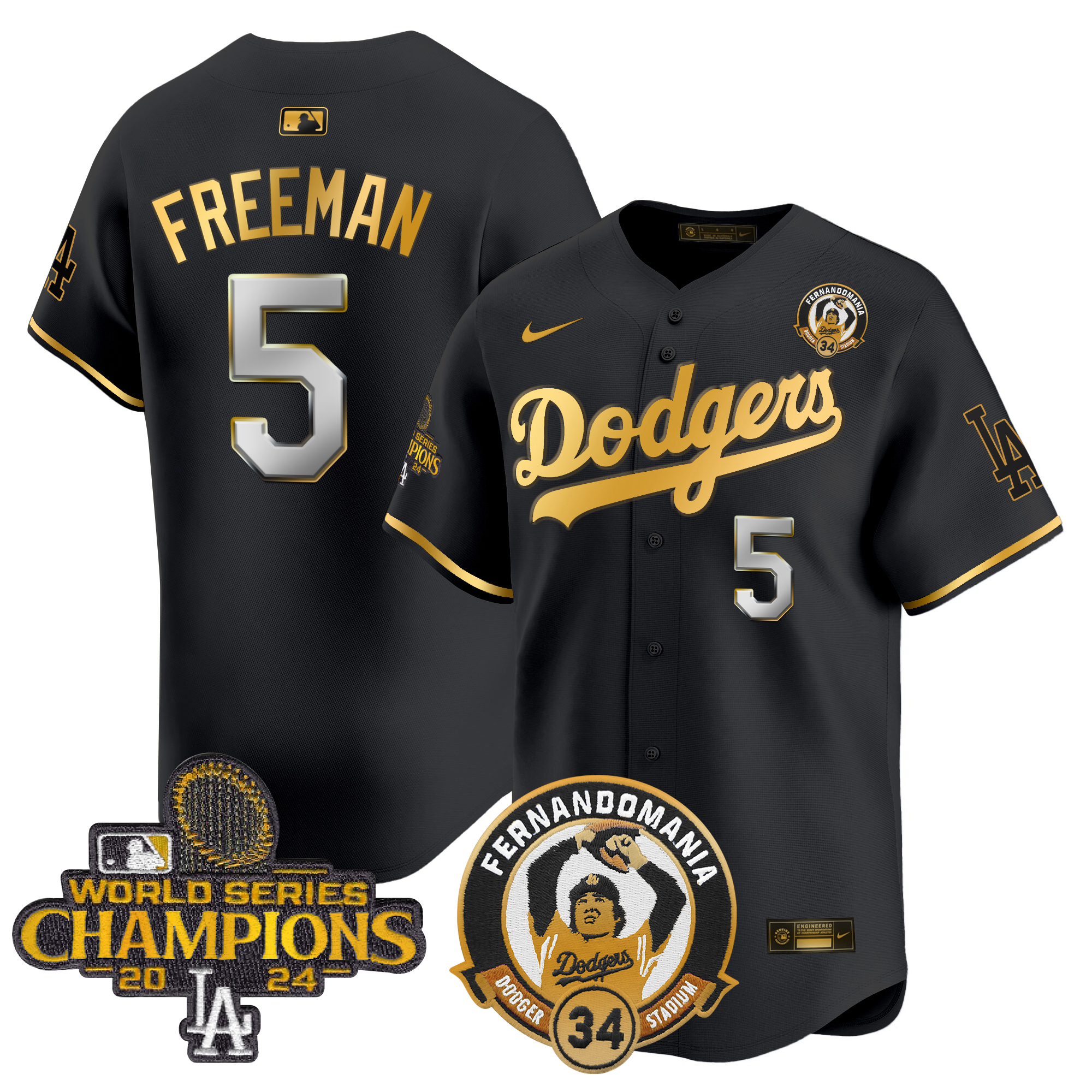 Freddie Freeman Men's Los Angeles Dodgers Fernando & 2024 World Series Champions Patch Vapor Premier Limited Black Gold Jersey V2 - All Stitched