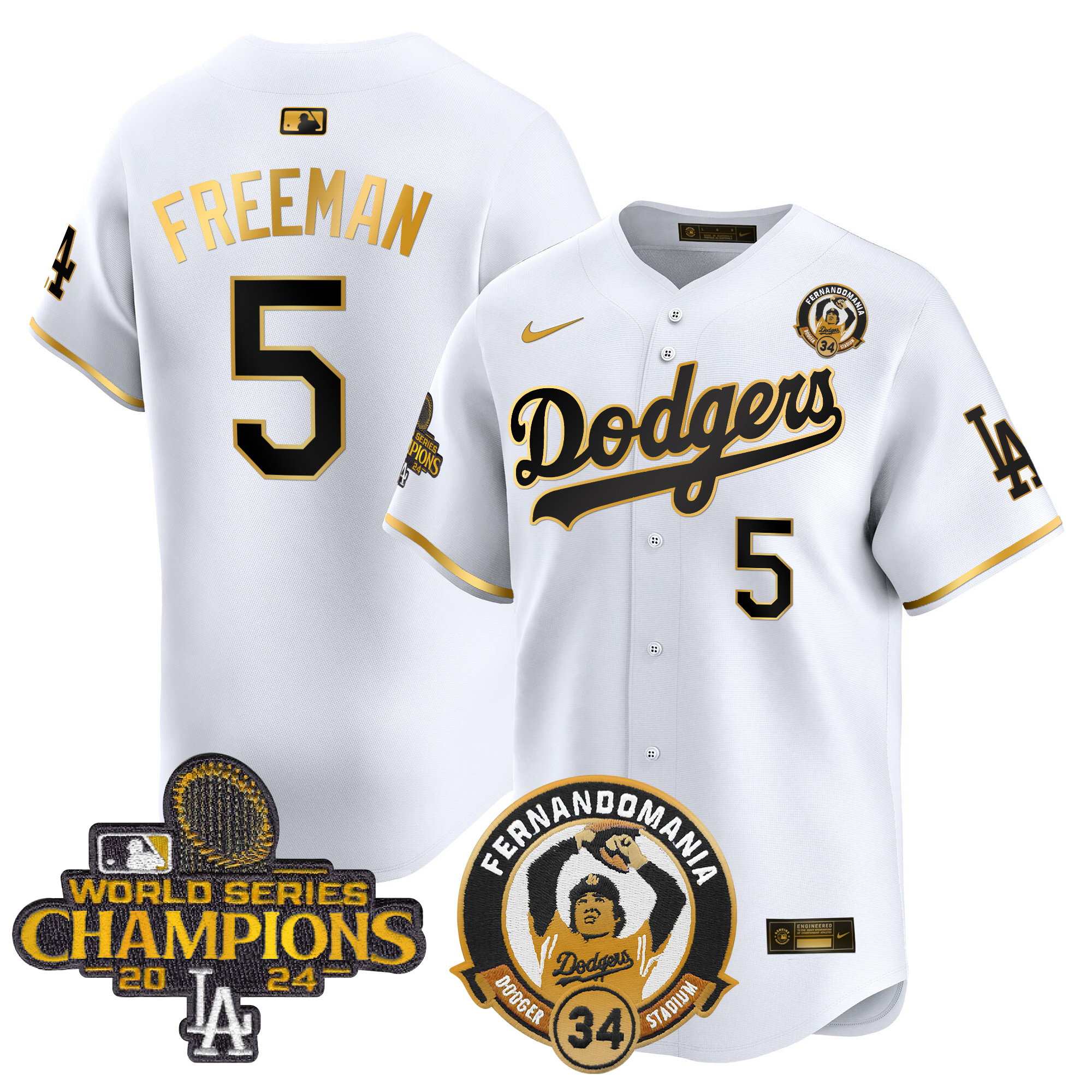 Freddie Freeman Men's Los Angeles Dodgers Fernando & 2024 World Series Champions Patch Vapor Premier Limited White Gold Jersey V2 - All Stitched