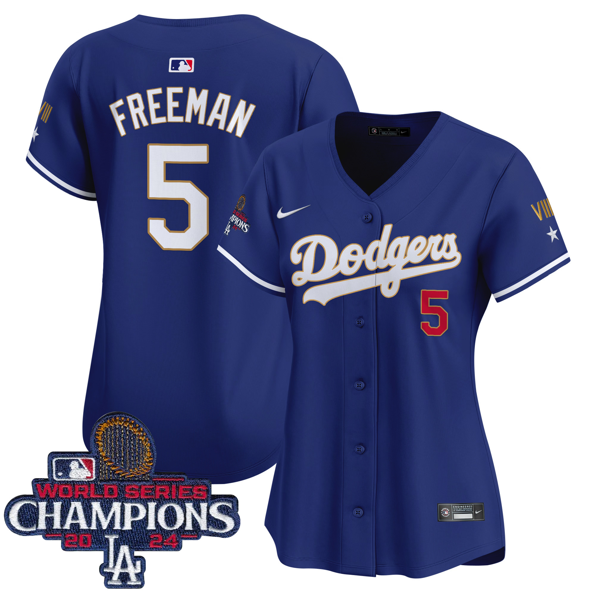Freddie Freeman Women's Los Angeles Dodgers 2024 World Series Champions Gold Trim Vapor Premier Limited Royal Jersey - All Stitched