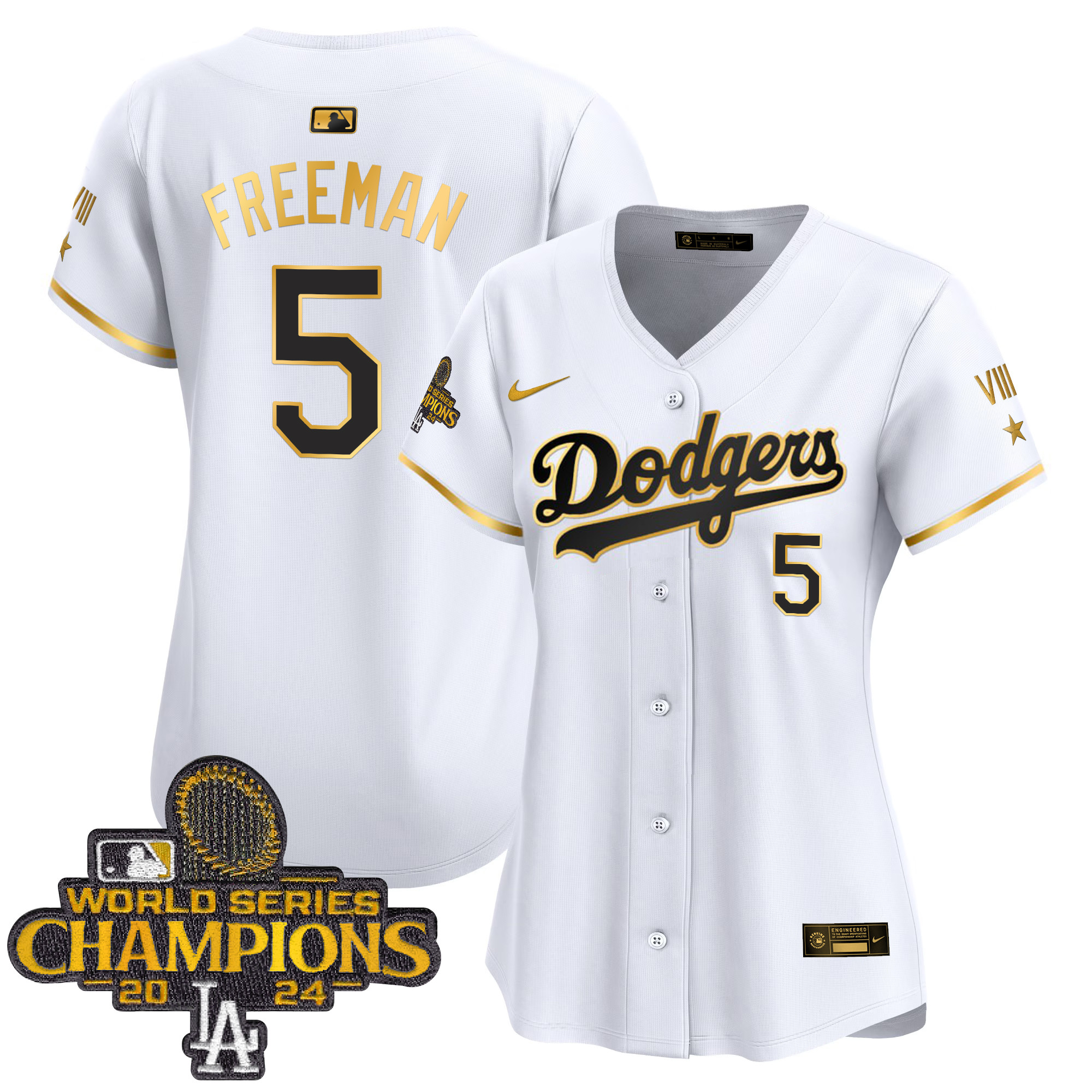 Freddie Freeman Women's Los Angeles Dodgers 2024 World Series Champions Gold Trim Vapor Premier Limited White Gold Jersey - All Stitched