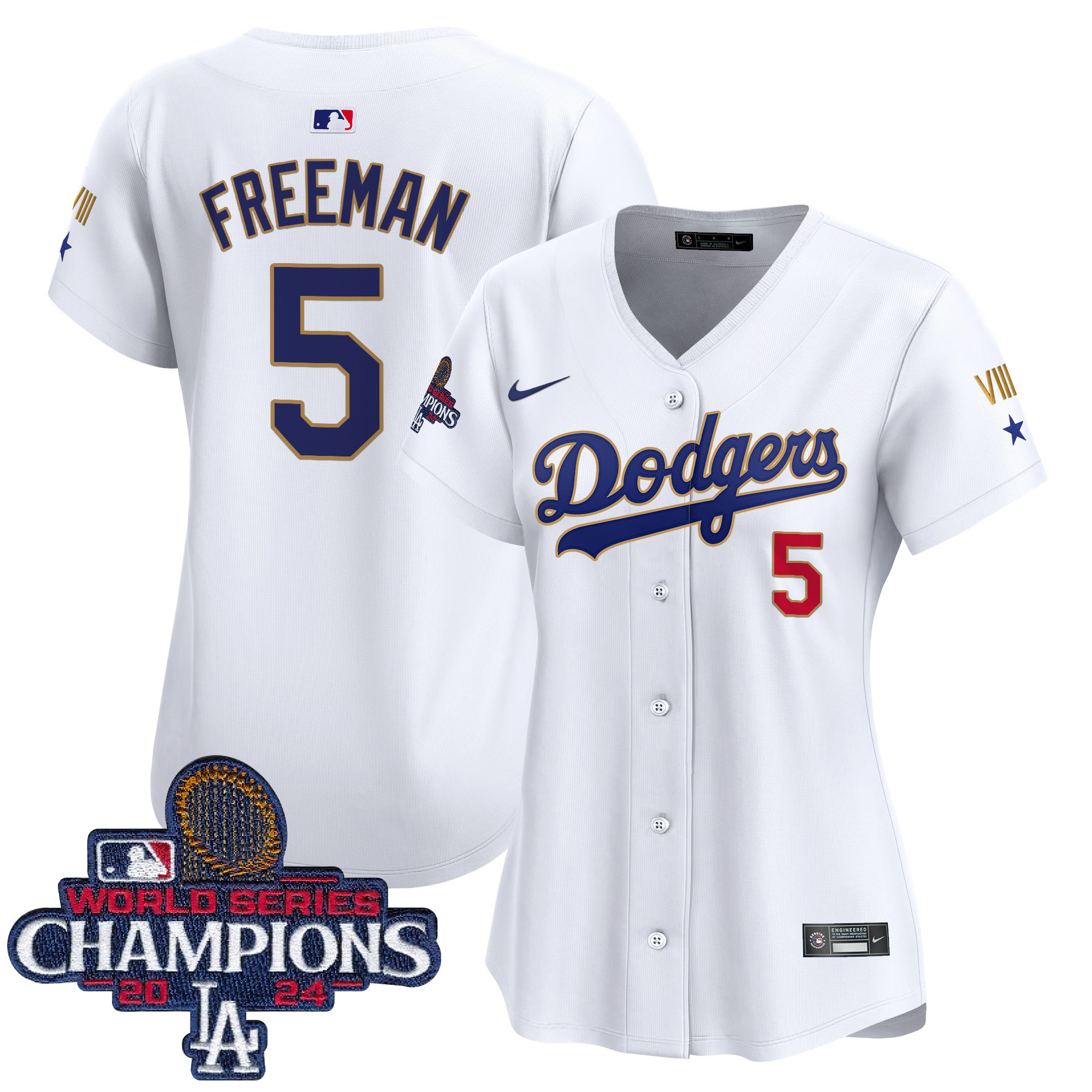 Freddie Freeman Women's Los Angeles Dodgers 2024 World Series Champions Gold Trim Vapor Premier Limited White Jersey - All Stitched
