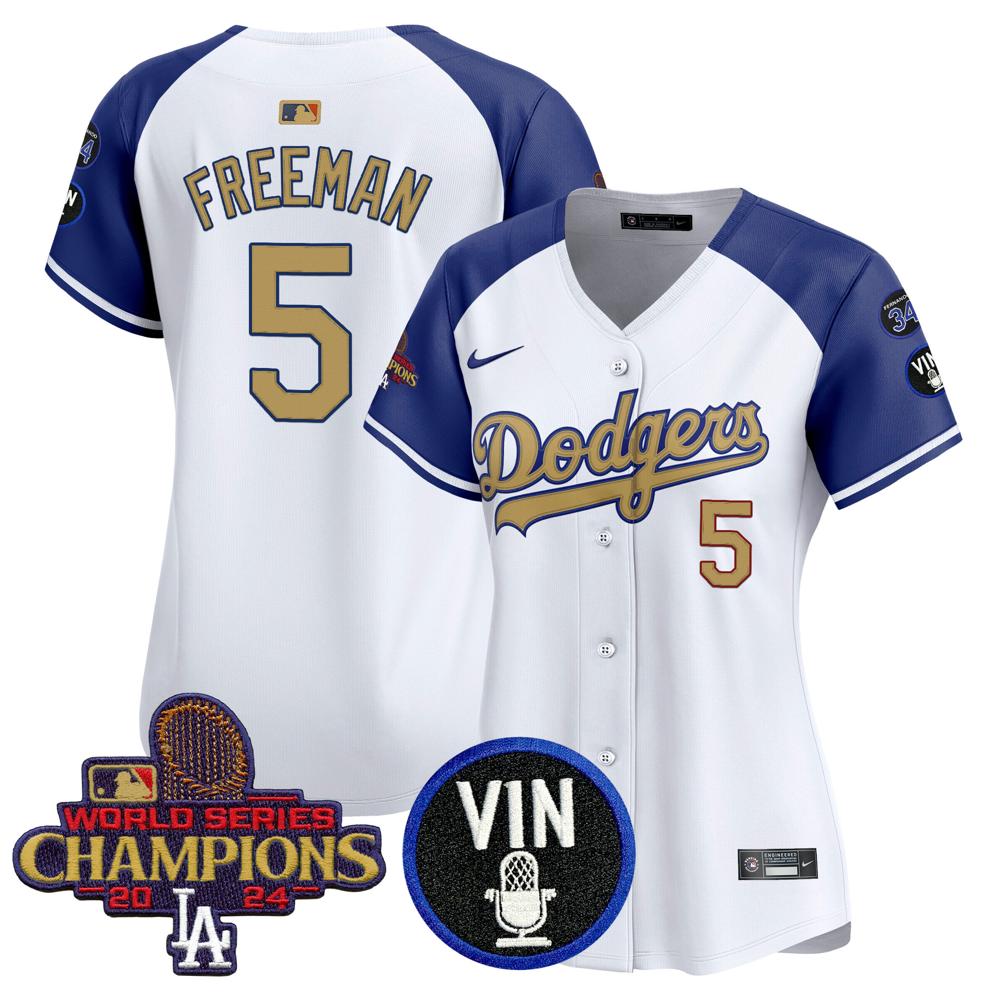 Freddie Freeman Women's Los Angeles Dodgers 2025 Vin Scully & #34 Fernando Patch Gold Vapor Premier Limited Alternate Jersey - All Stitched