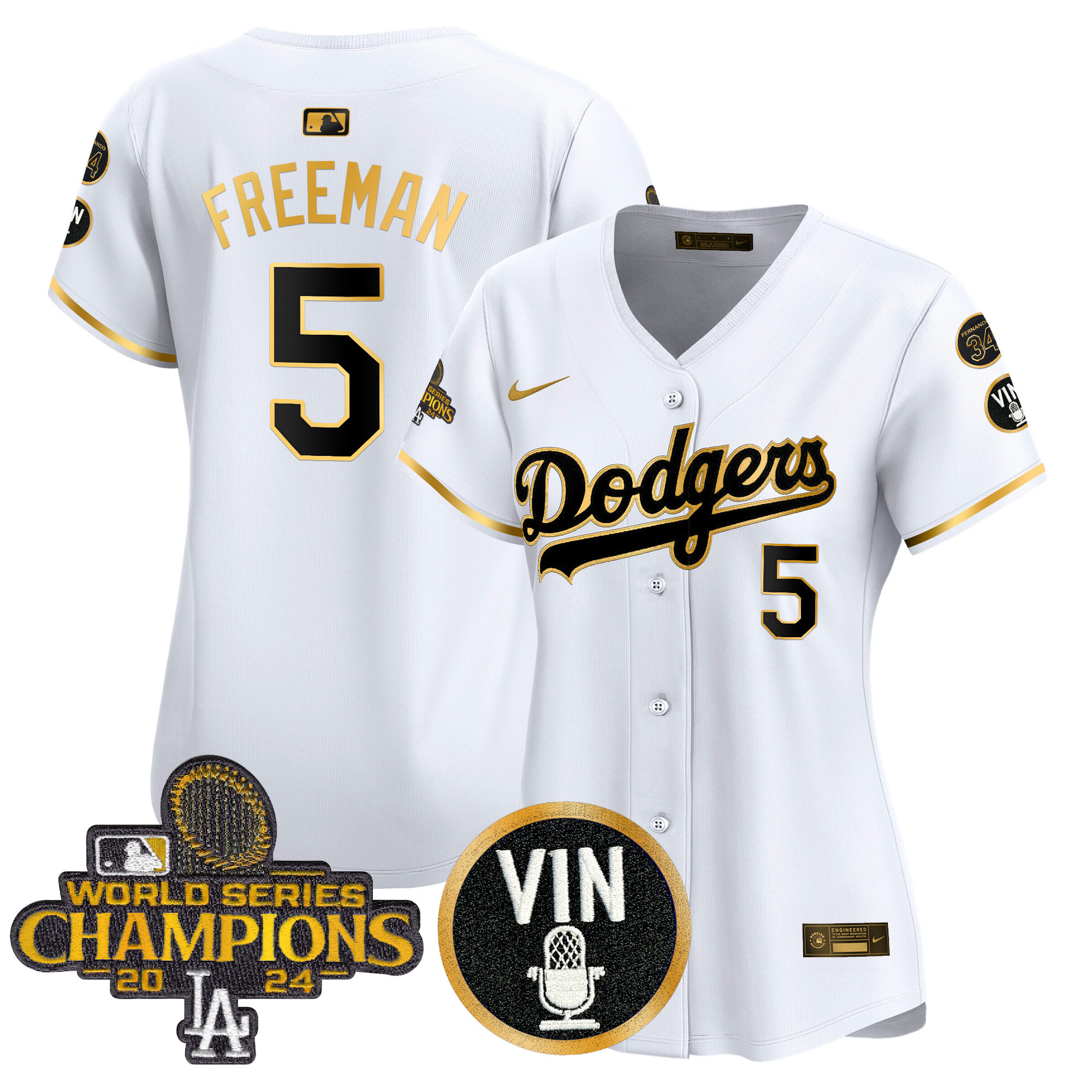 Freddie Freeman Women's Los Angeles Dodgers 2025 Vin Scully & #34 Fernando Patch Gold Vapor Premier Limited White Gold Jersey - All Stitched