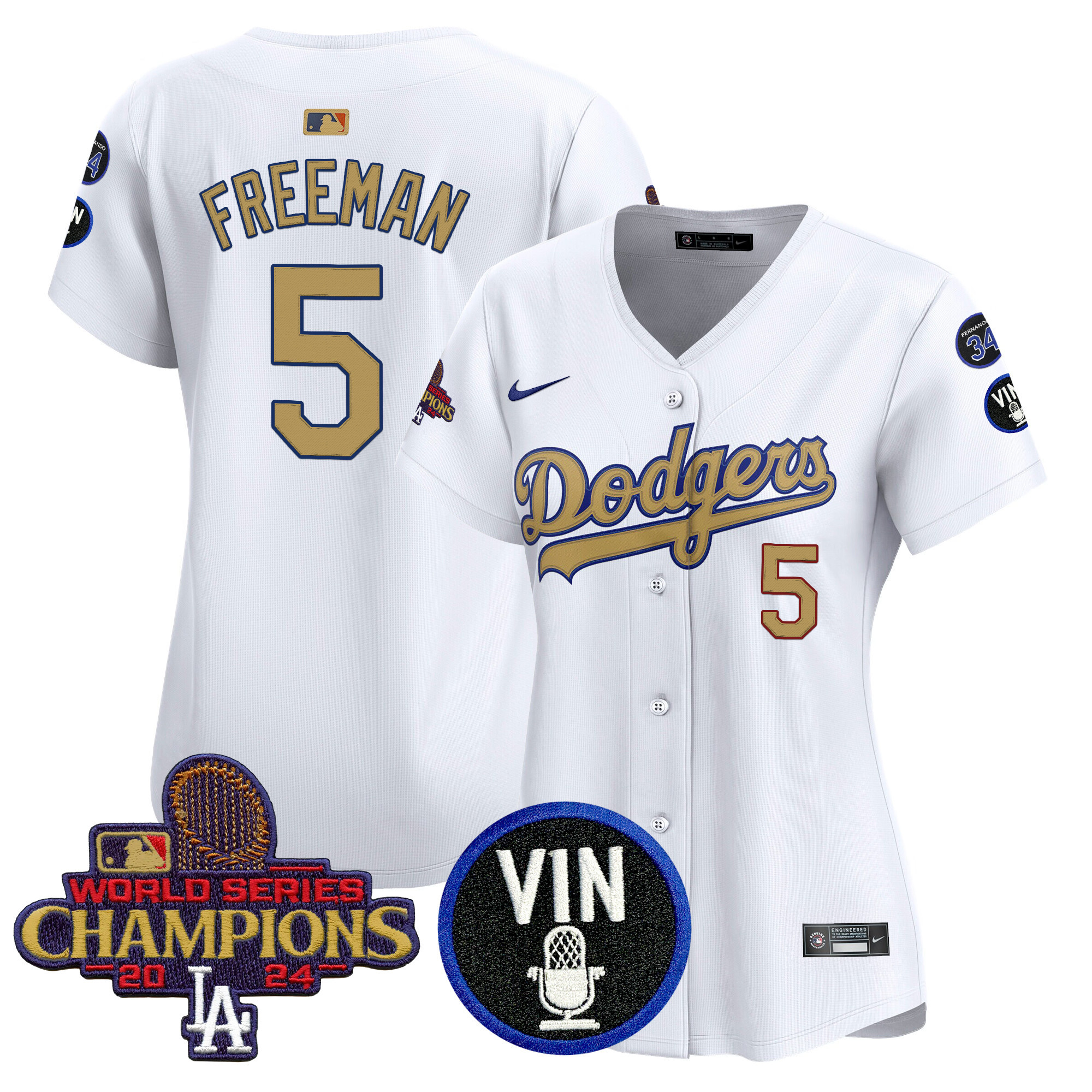 Freddie Freeman Women's Los Angeles Dodgers 2025 Vin Scully & #34 Fernando Patch Gold Vapor Premier Limited White Jersey - All Stitched