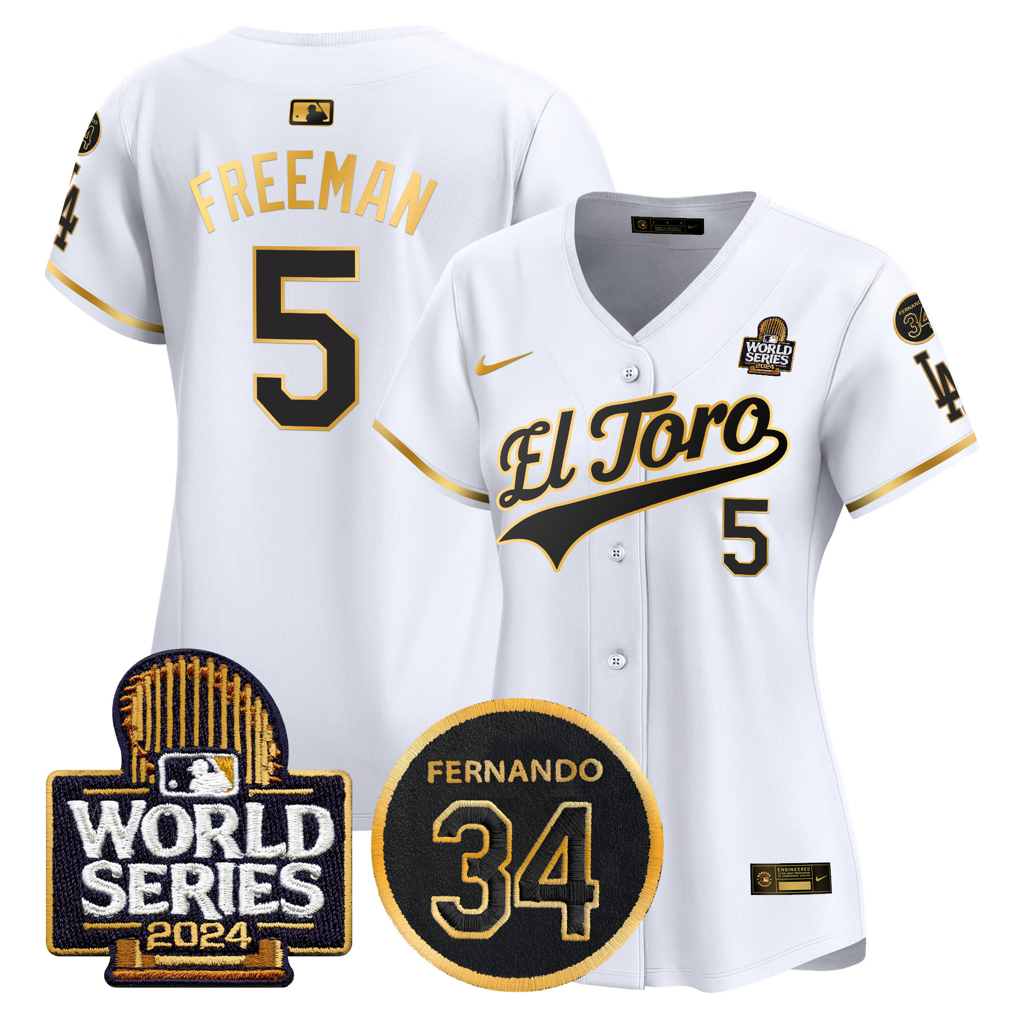 Freddie Freeman Women's Los Angeles Dodgers El Toro 2024 World Series Patch Vapor Premier Limited White Gold Jersey - All Stitched
