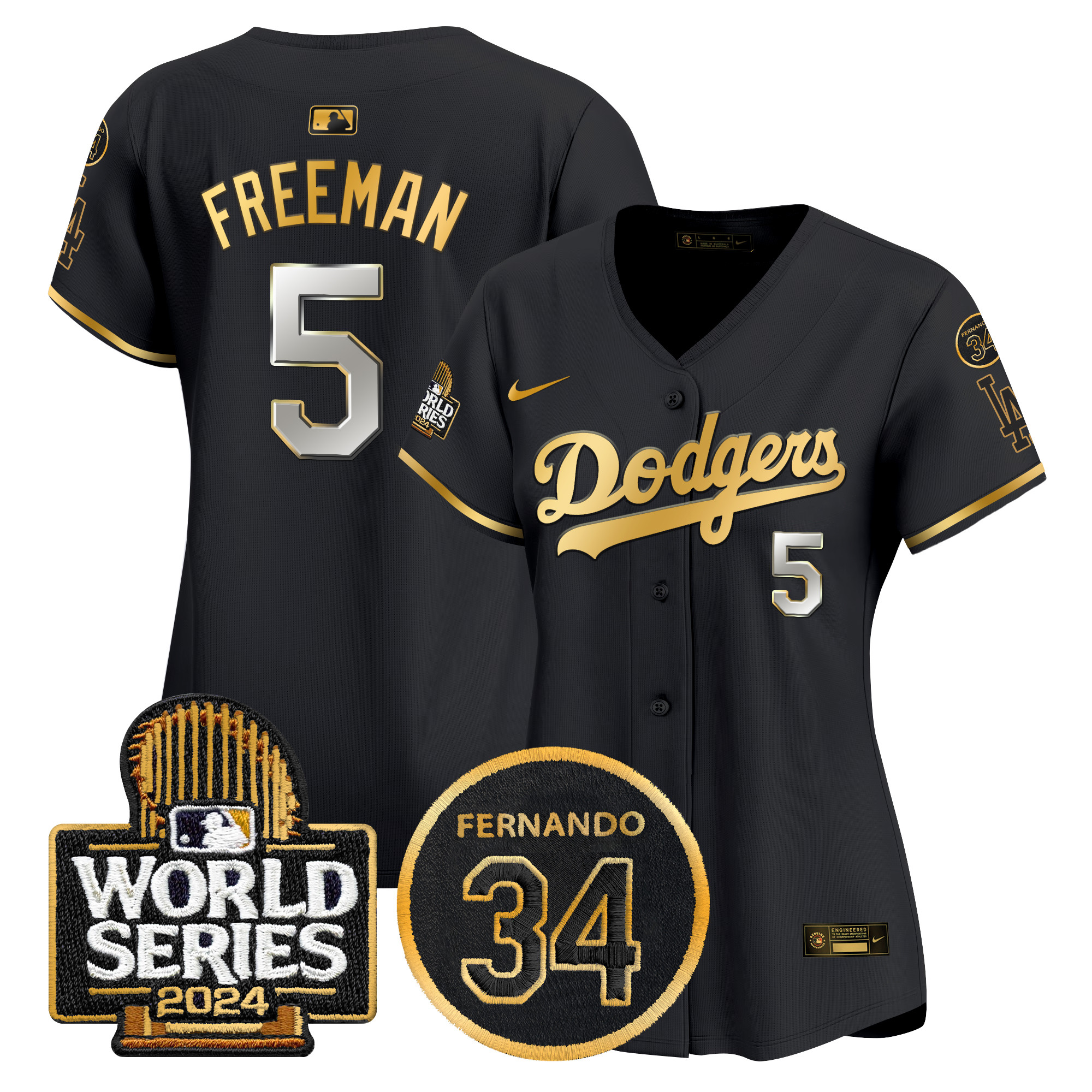 Freddie Freeman Women's Los Angeles Dodgers Fernando Memorial & 2024 World Series Patch Vapor Premier Limited Black Gold Jersey - All Stitched