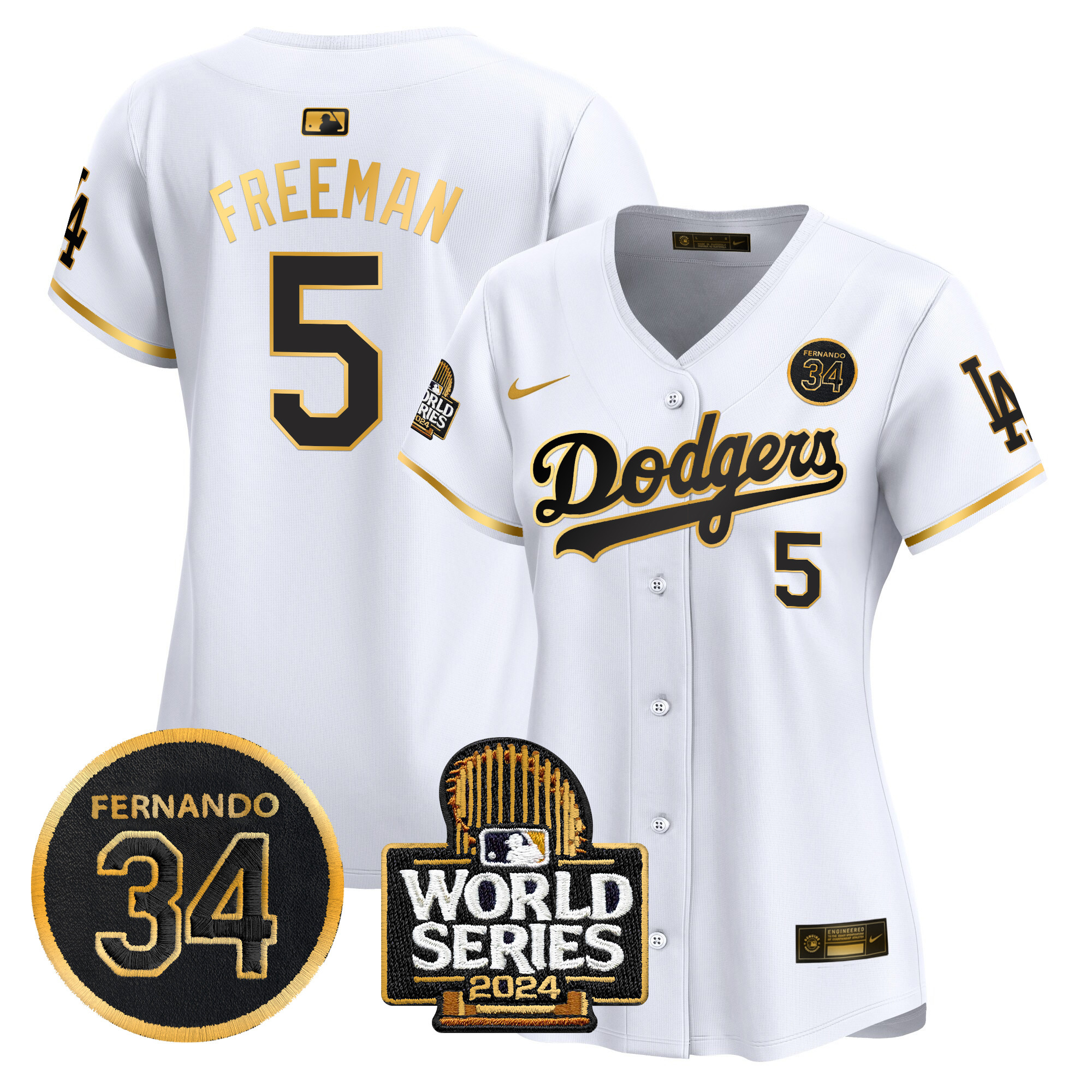 Freddie Freeman Women's Los Angeles Dodgers Fernando Valenzuela & 2024 World Series Patch Vapor Premier Limited White Gold Jersey V2 - All Stitched