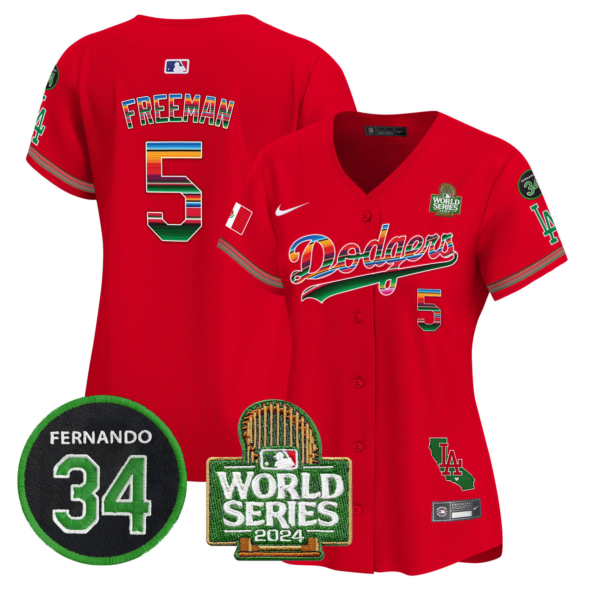 Freddie Freeman Women's Los Angeles Dodgers Mexico Fernando Memorial & 2024 World Series Patch Vapor Premier Limited Red Jersey V2 - All Stitched
