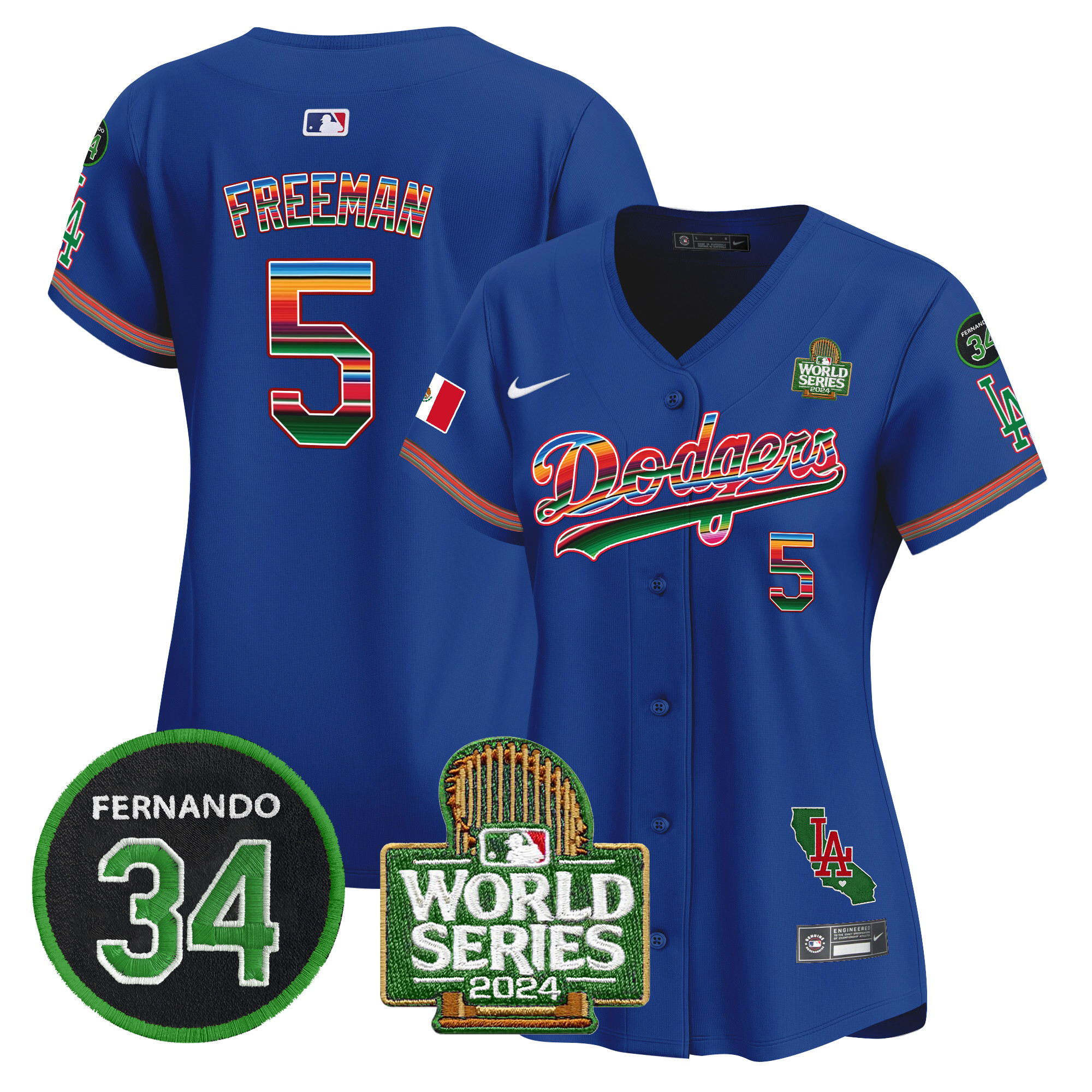 Freddie Freeman Women's Los Angeles Dodgers Mexico Fernando Memorial & 2024 World Series Patch Vapor Premier Limited Royal Jersey V2 - All Stitched
