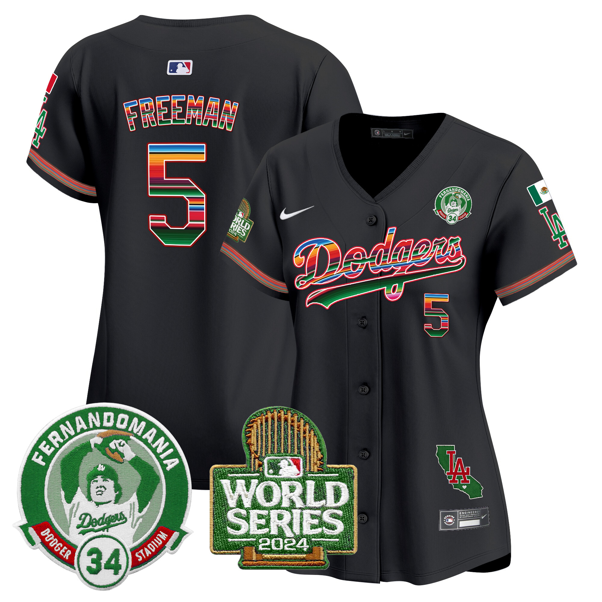 Freddie Freeman Women's Los Angeles Dodgers Mexico Fernando Valenzuela & 2024 World Series Patch Vapor Premier Limited Black Jersey - All Stitched
