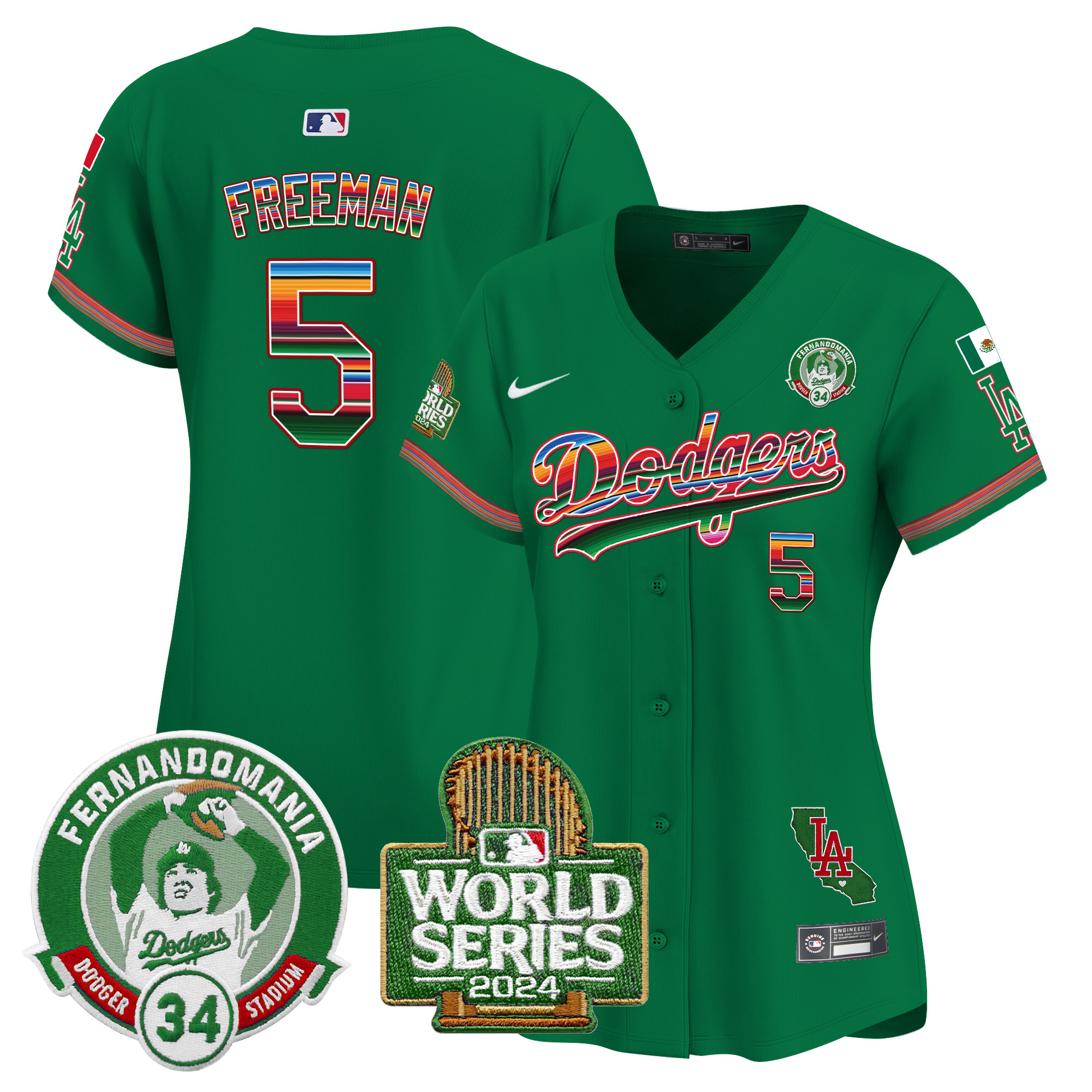 Freddie Freeman Women's Los Angeles Dodgers Mexico Fernando Valenzuela & 2024 World Series Patch Vapor Premier Limited Green Jersey - All Stitched