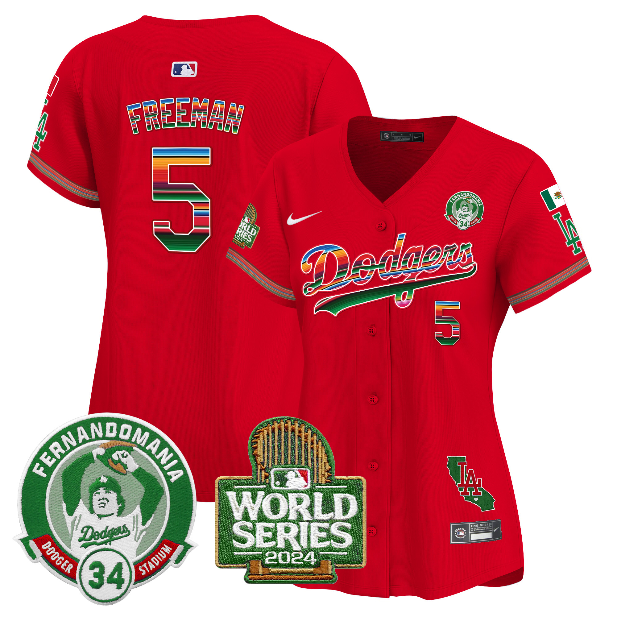 Freddie Freeman Women's Los Angeles Dodgers Mexico Fernando Valenzuela & 2024 World Series Patch Vapor Premier Limited Red Jersey - All Stitched