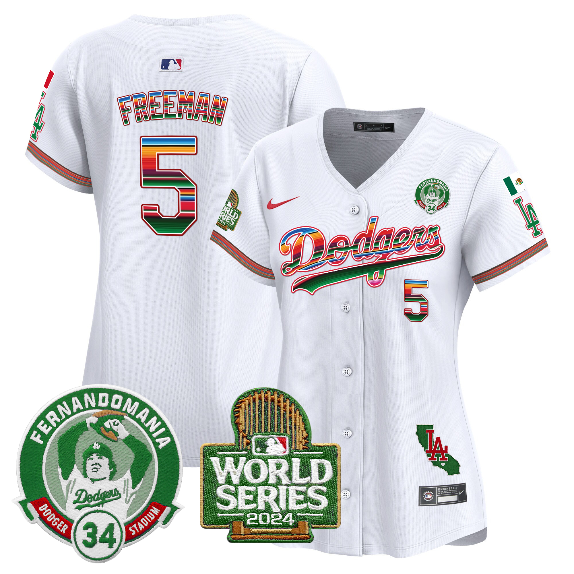 Freddie Freeman Women's Los Angeles Dodgers Mexico Fernando Valenzuela & 2024 World Series Patch Vapor Premier Limited White Jersey - All Stitched