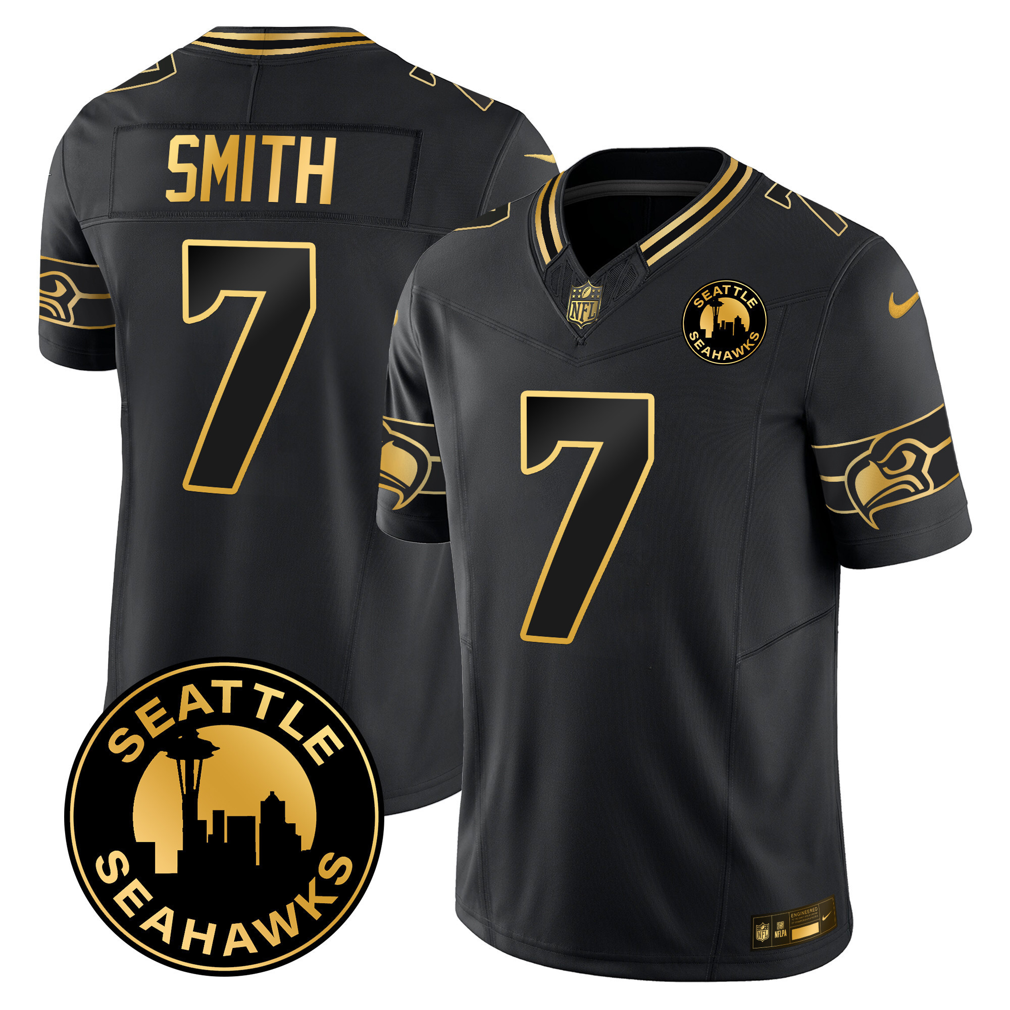 Geno Smith Men's Seattle Seahawks 2024 Seattle City Patch Gold Vapor Limited Black Gold Jersey - All Stitched