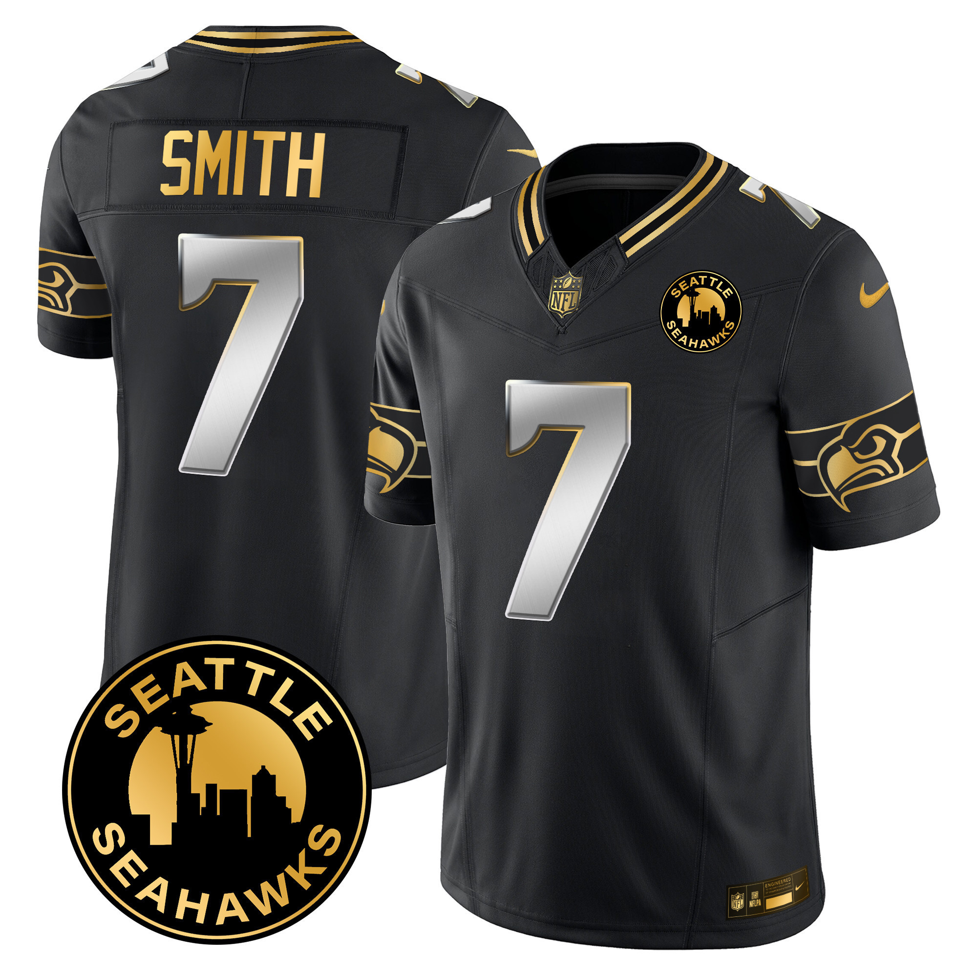 Geno Smith Men's Seattle Seahawks 2024 Seattle City Patch Gold Vapor Limited Black Limited Jersey - All Stitched