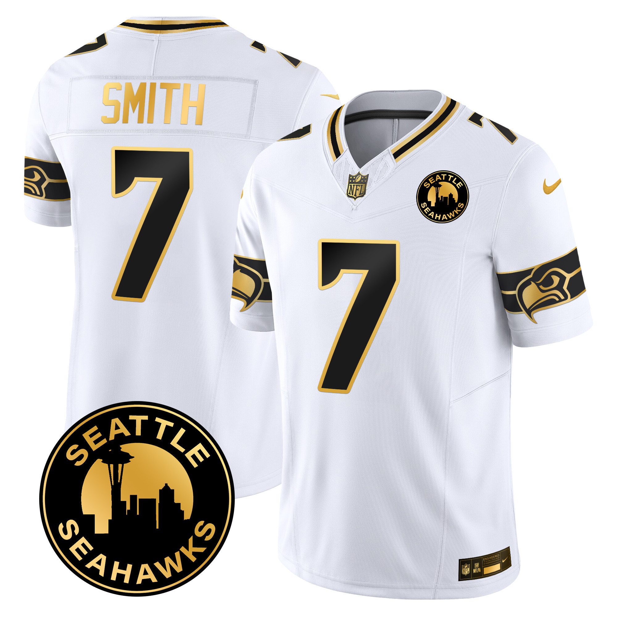 Geno Smith Men's Seattle Seahawks 2024 Seattle City Patch Gold Vapor Limited White Gold Jersey - All Stitched