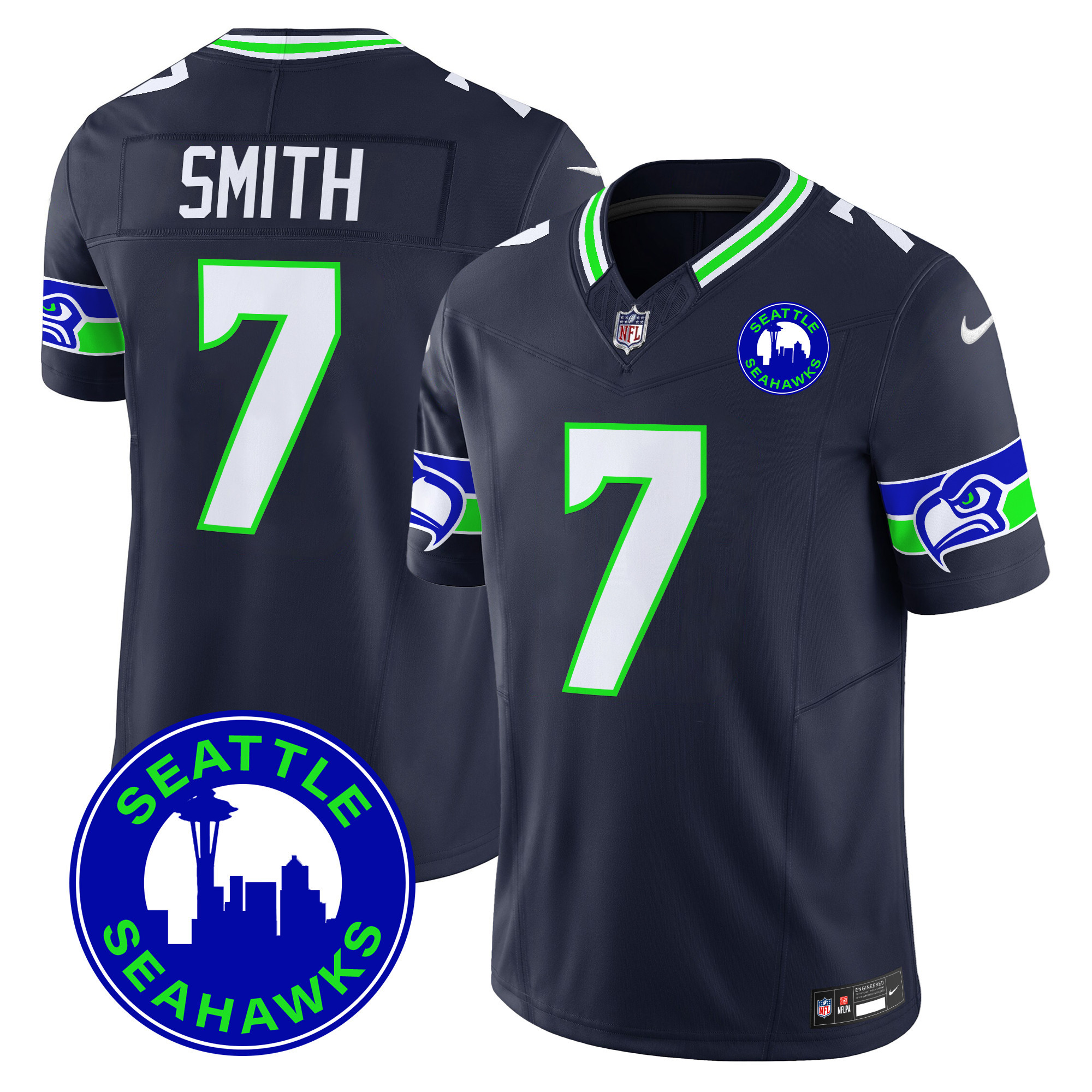Geno Smith Men's Seattle Seahawks 2024 Seattle City Patch Vapor Limited Navy Jersey - All Stitched