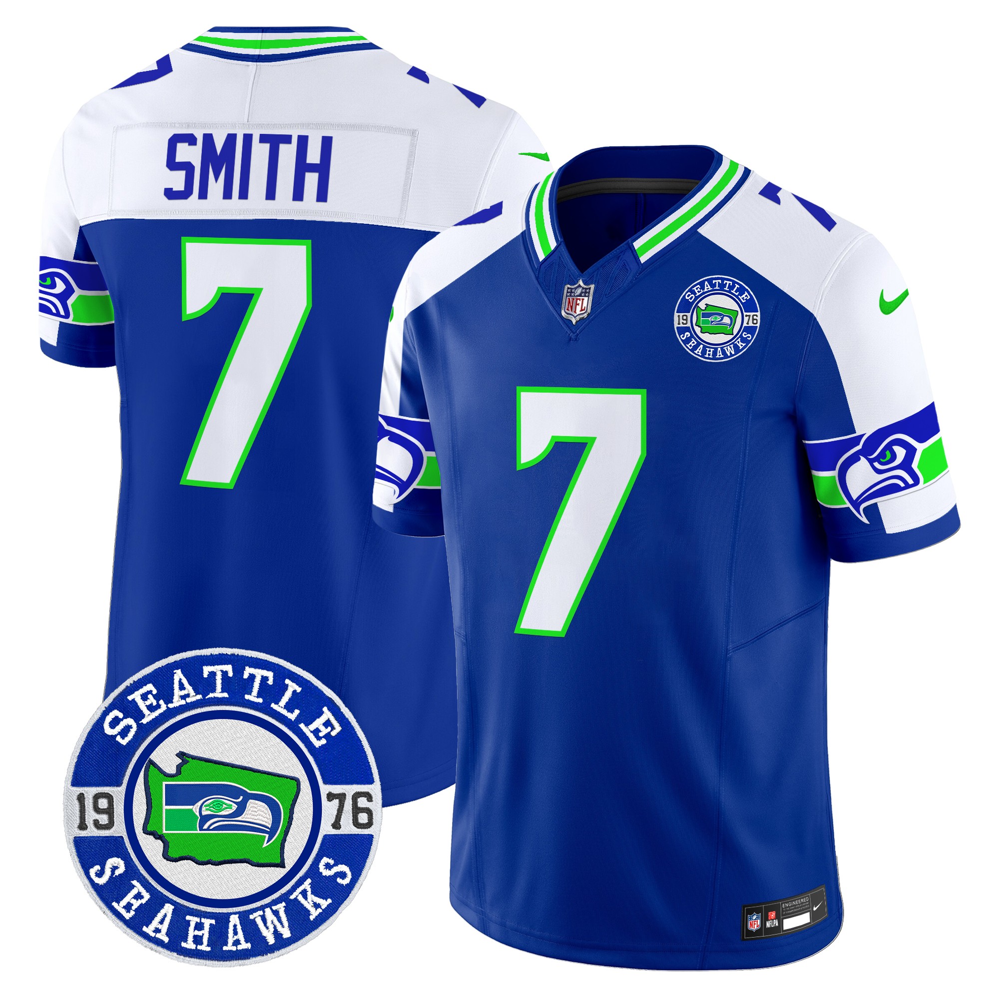 Geno Smith Men's Seattle Seahawks 2024 Seattle Est. 1976 Patch Vapor Limited Royal Alternate Jersey - All Stitched