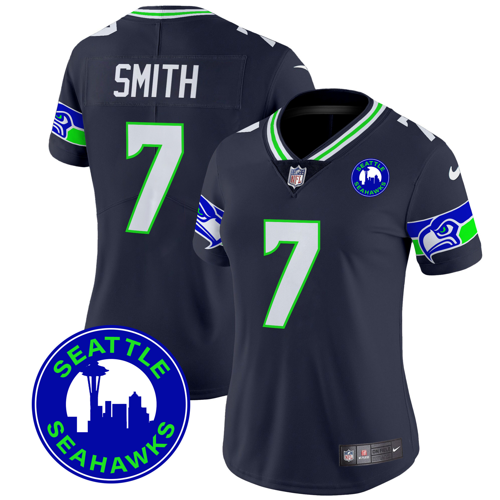 Geno Smith Women's Seattle Seahawks 2024 Seattle City Patch Vapor Limited Navy Jersey - All Stitched