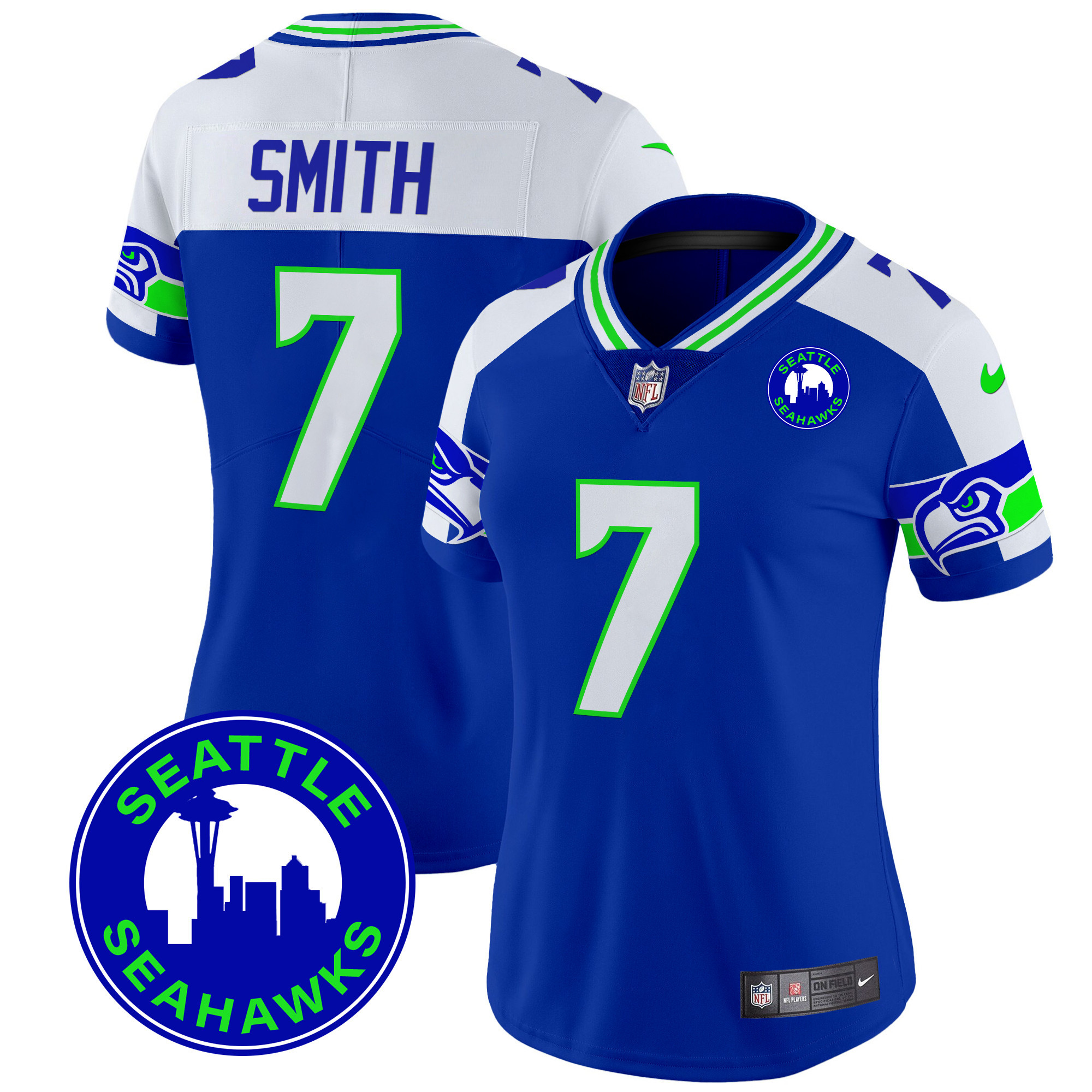 Geno Smith Women's Seattle Seahawks 2024 Seattle City Patch Vapor Limited Royal Alternate Jersey - All Stitched