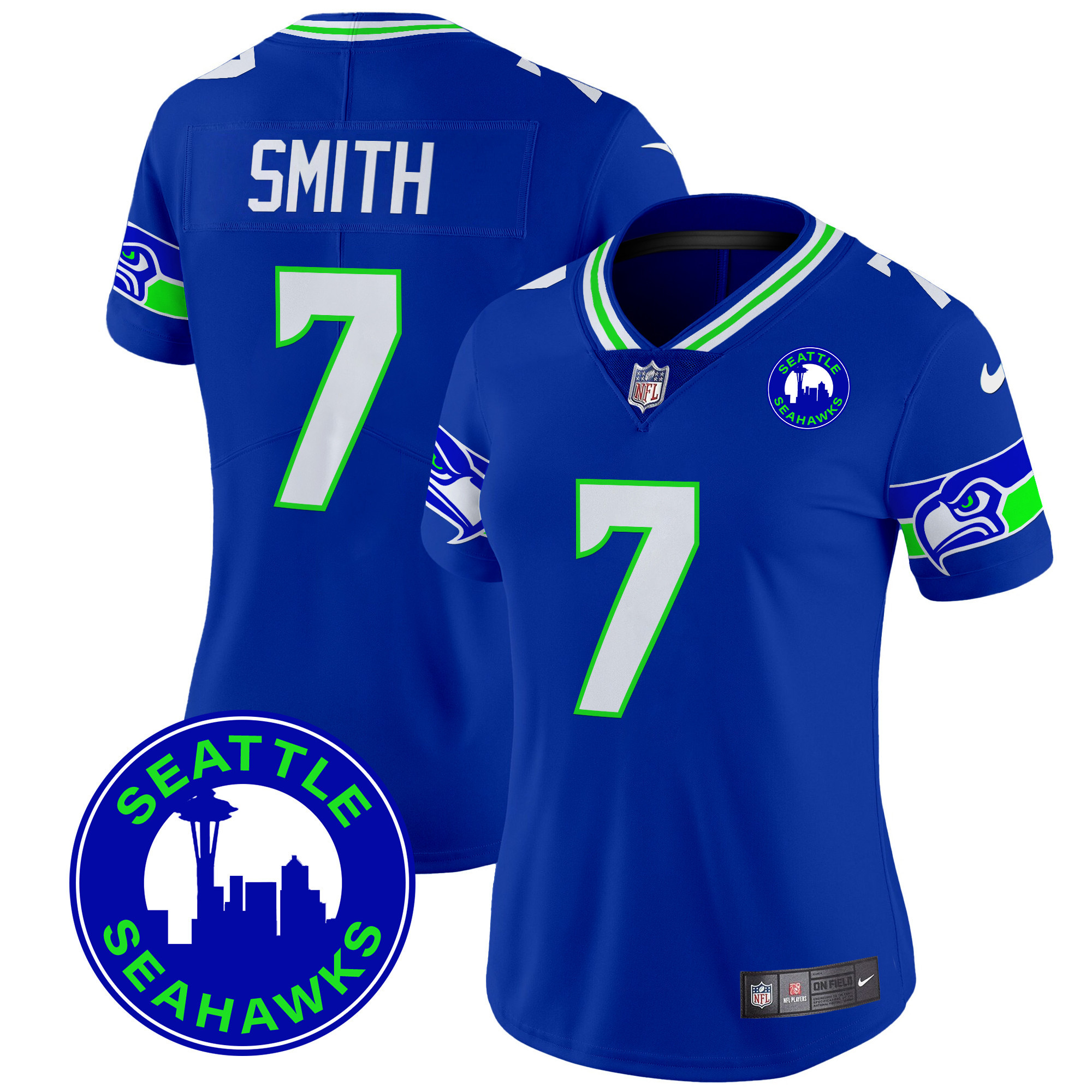 Geno Smith Women's Seattle Seahawks 2024 Seattle City Patch Vapor Limited Royal Jersey - All Stitched