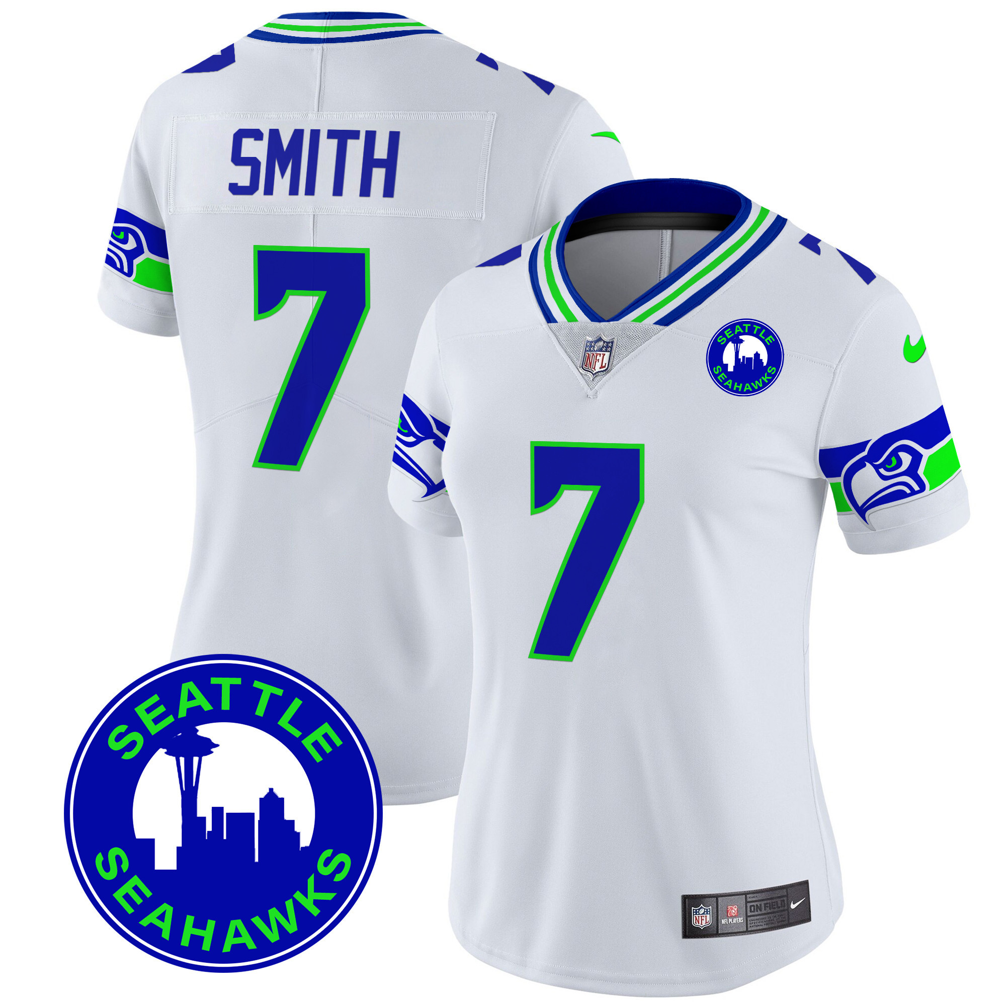 Geno Smith Women's Seattle Seahawks 2024 Seattle City Patch Vapor Limited White Jersey - All Stitched
