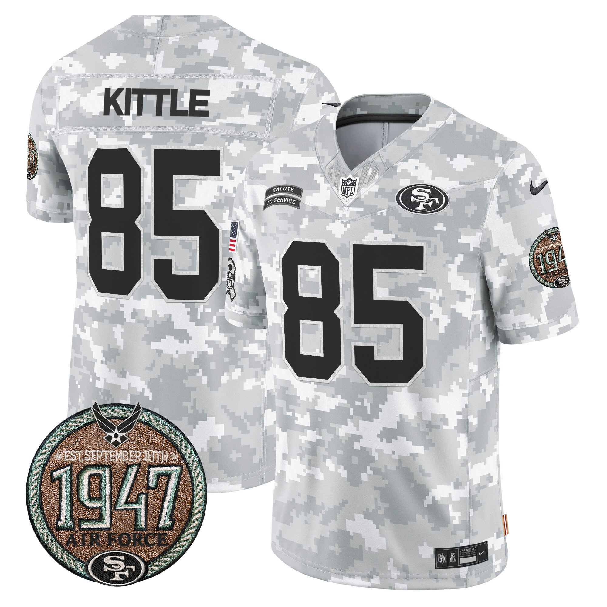 George Kittle Men's San Francisco 49ers 2024 Salute to Service Establishment Year Patch Vapor Limited Air Force Jersey - All Stitched